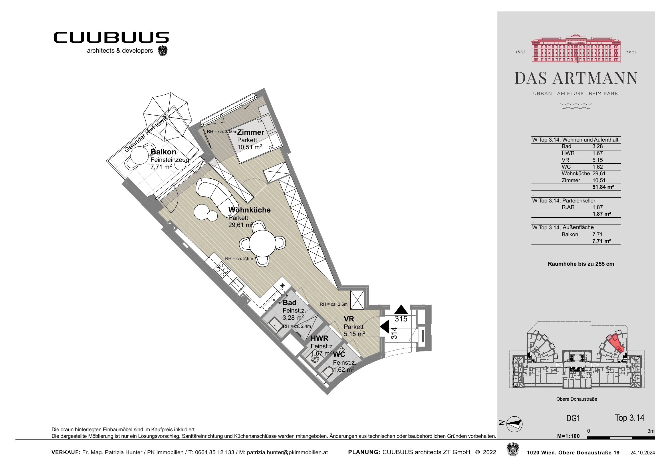 Grundriss Top 3.14 — Das Artmann — 2 Zimmer — 52 m² — 1st attic floor