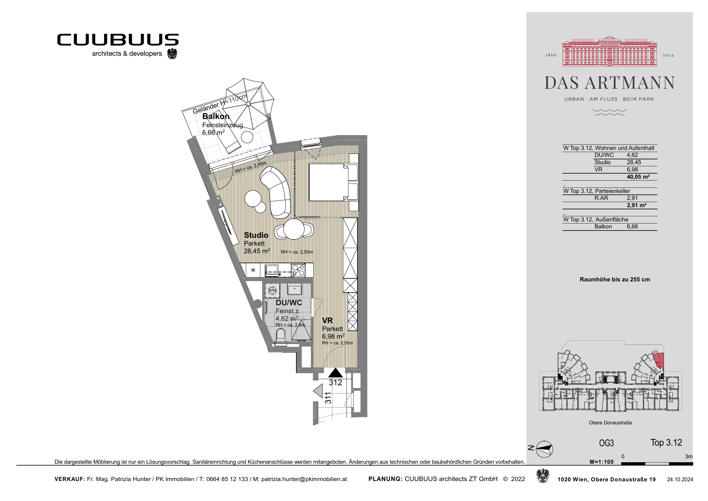 Grundriss Top 3.12 — Das Artmann — 1 Zimmer — 40 m² — 3rd floor