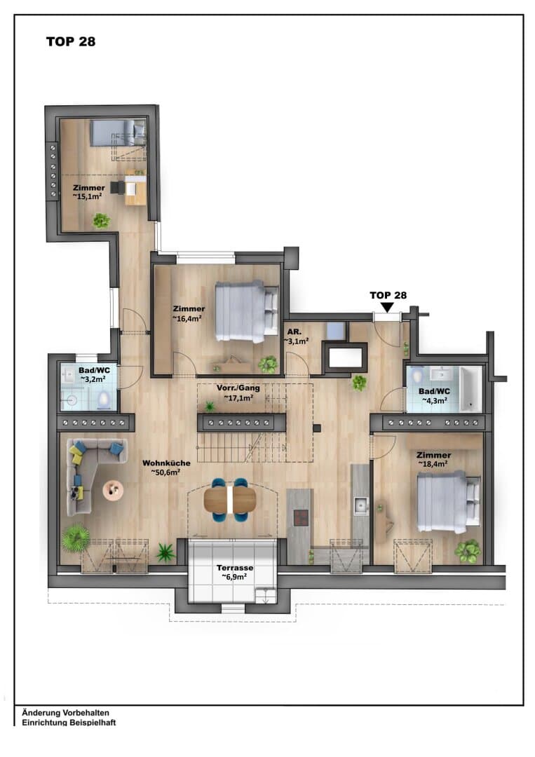 Grundriss Top 28 — DAS LOFT — 4 Zimmer — 130,6 m² — Attic floor — Grundriss 1/2