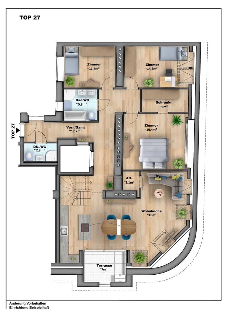 Grundriss Top 27 — DAS LOFT — 4 Zimmer — 130,8 m² — Attic floor — Grundriss 1/2