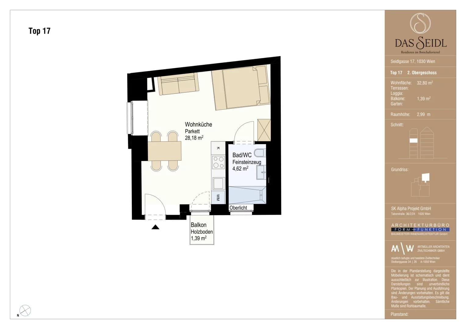 Grundriss Top 17 — Das Seidl — 1 Zimmer — 35,8 m² — Das Seidl - Residieren im Botschaftsviertel, Appartment-Stil, Stuckdecken