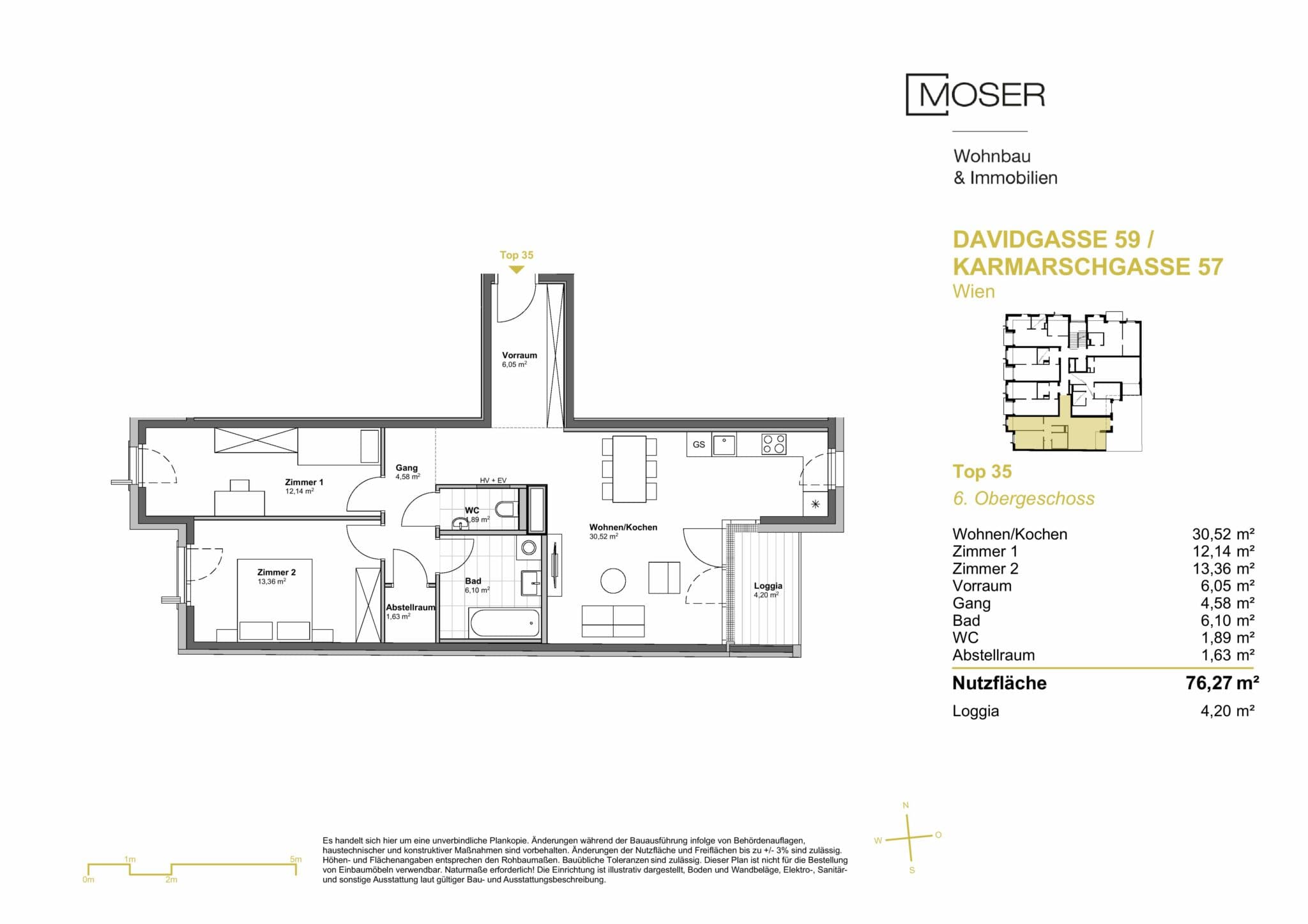 Grundriss Top 35 — Davidgasse 59 — 3 Zimmer — 76,3 m² — 6th floor