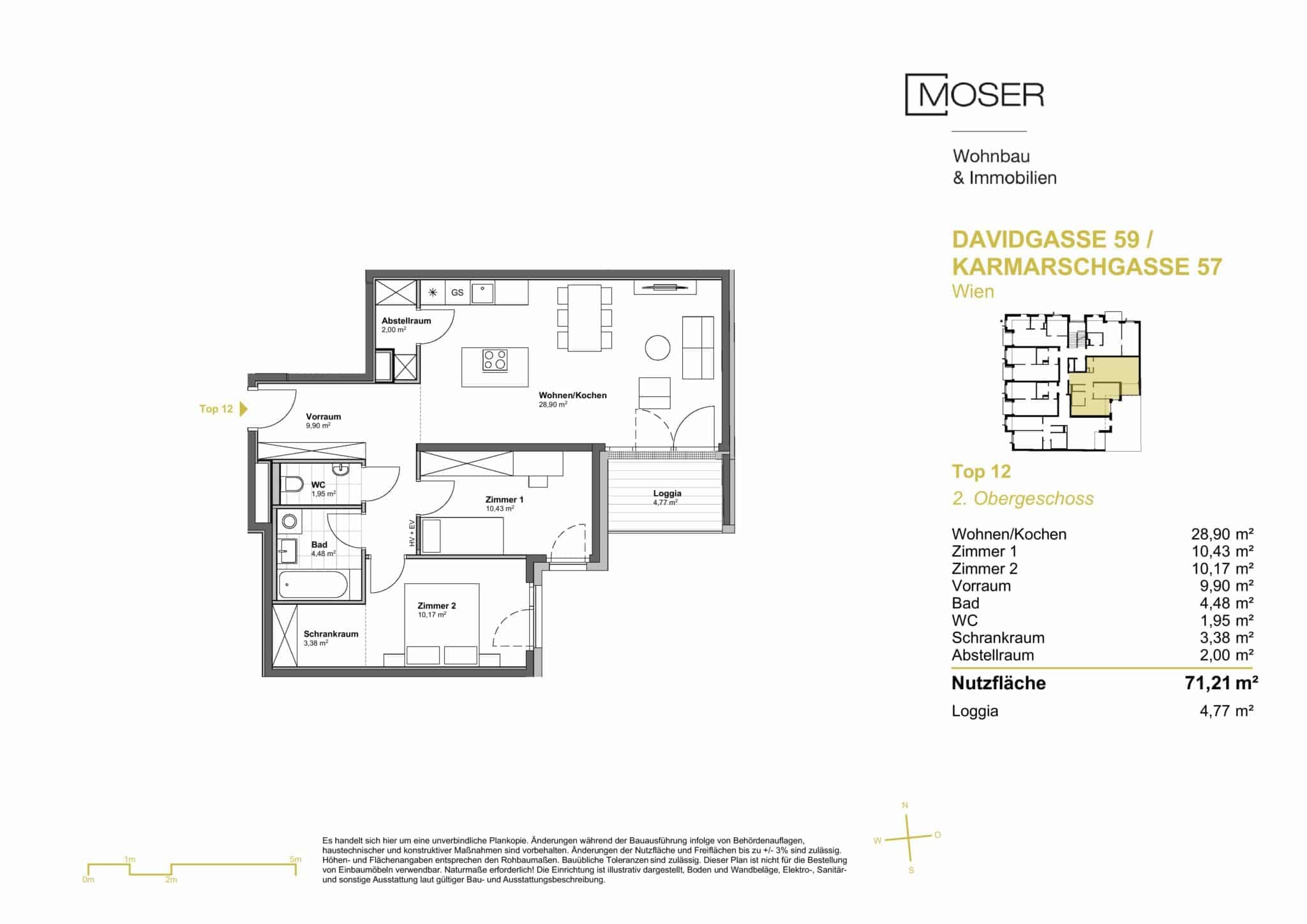 Grundriss Top 12 — Davidgasse 59 — 3 Zimmer — 71,2 m² — 2nd floor