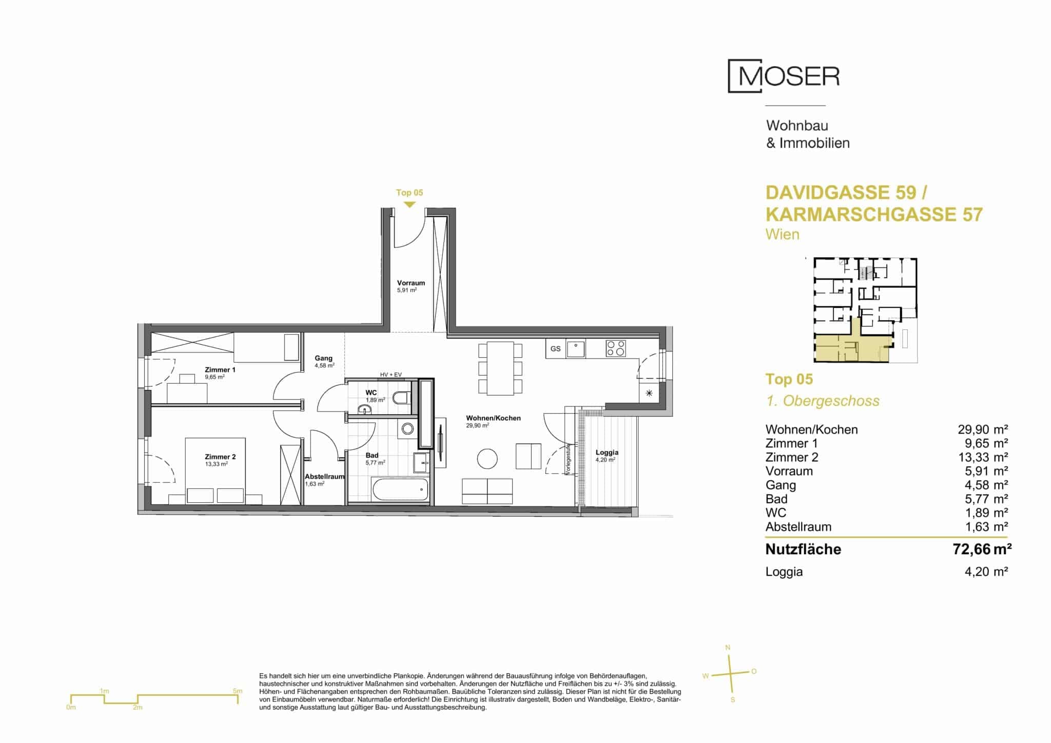 Grundriss Top 05 — Davidgasse 59 — 3 Zimmer — 72,7 m² — Upper floor