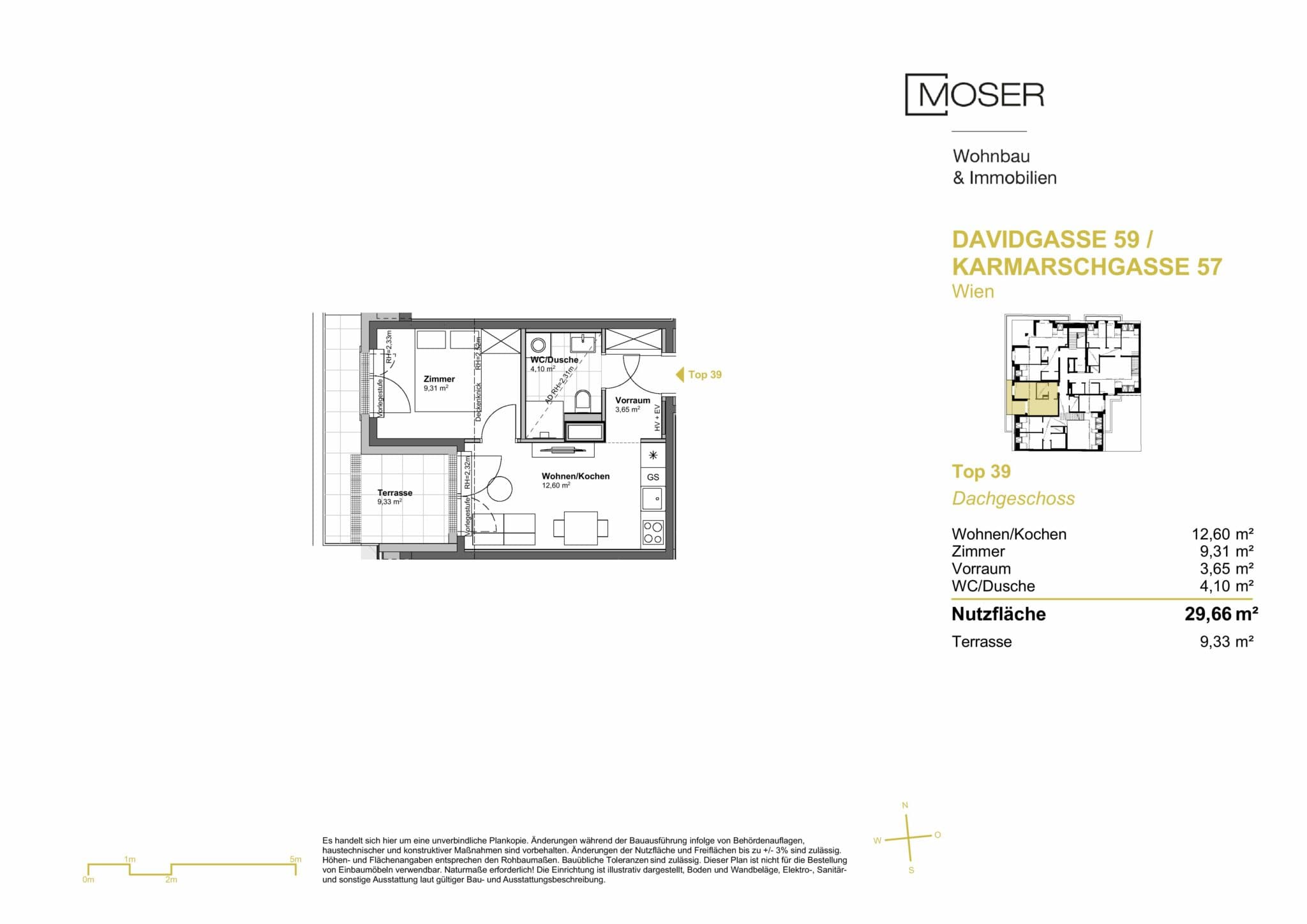 Grundriss Top 39 — Davidgasse 59 — 2 Zimmer — 29,7 m² — Attic floor