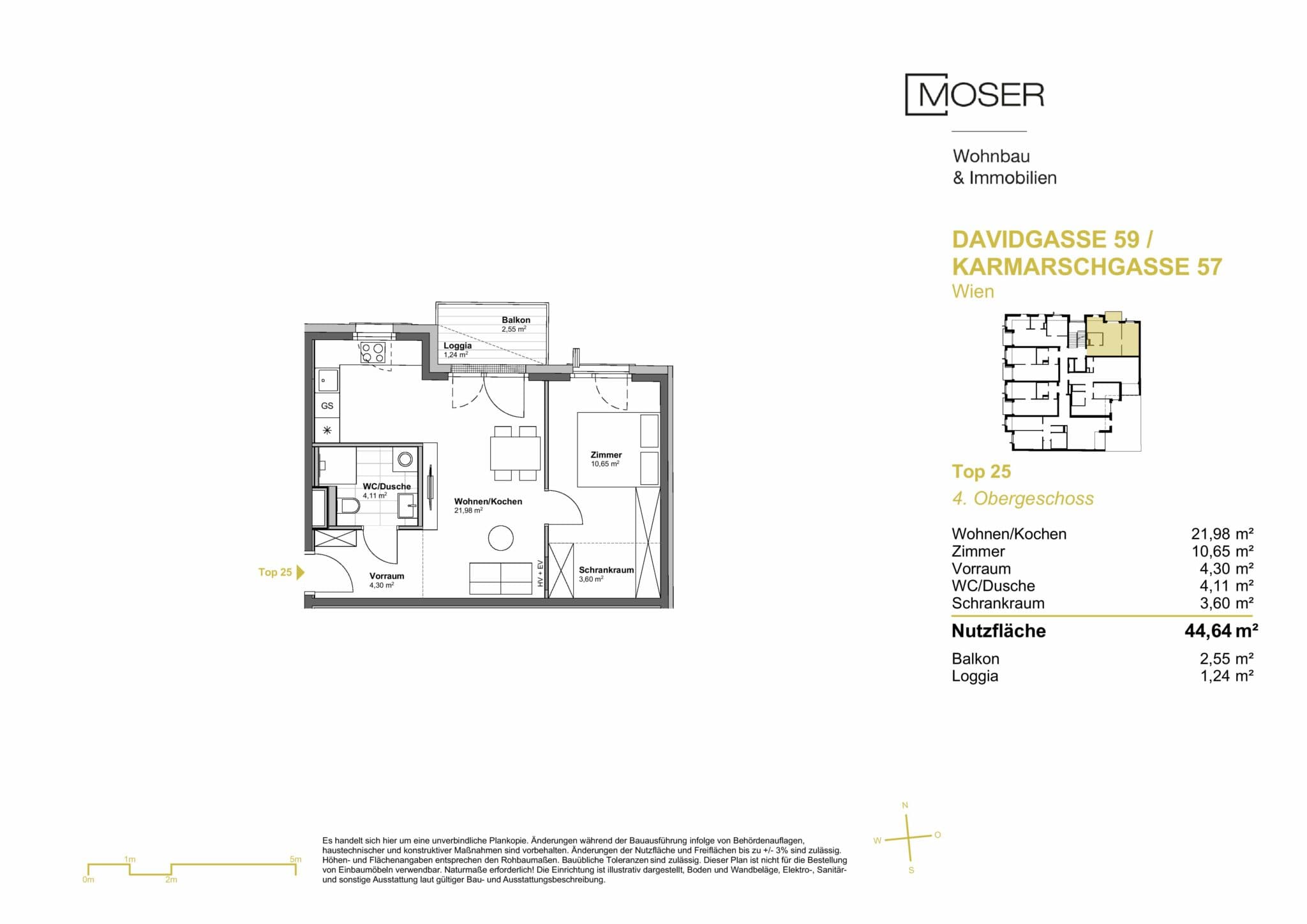 Grundriss Top 25 — Davidgasse 59 — 2 Zimmer — 44,6 m² — 4th floor