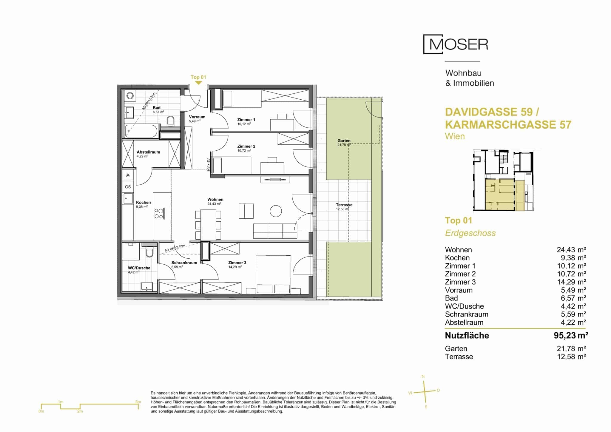 Grundriss Top 01 — Davidgasse 59 — 4 Zimmer — 95,2 m² — Ground floor