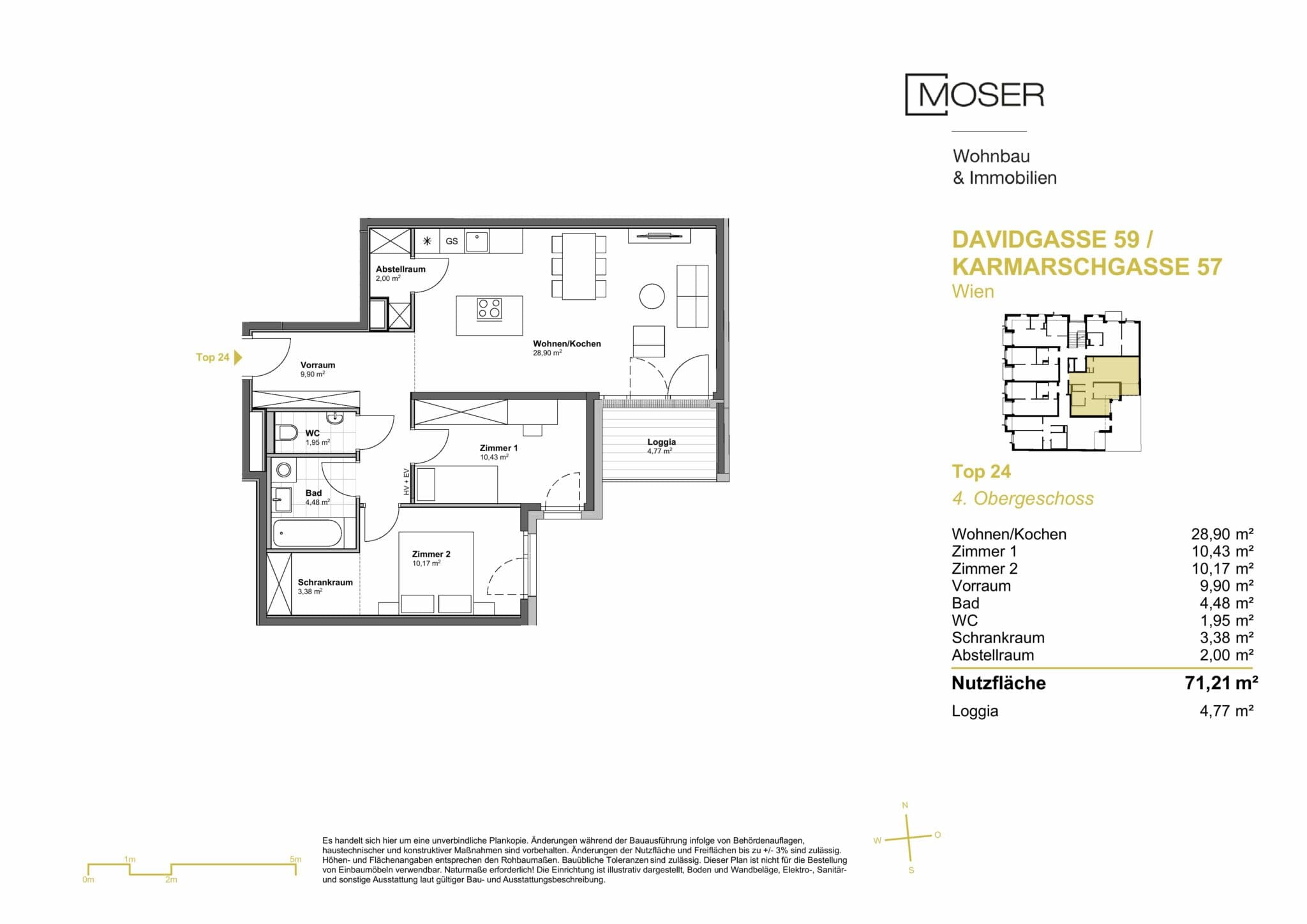 Grundriss Top 24 — Davidgasse 59 — 3 Zimmer — 71,2 m² — 4th floor