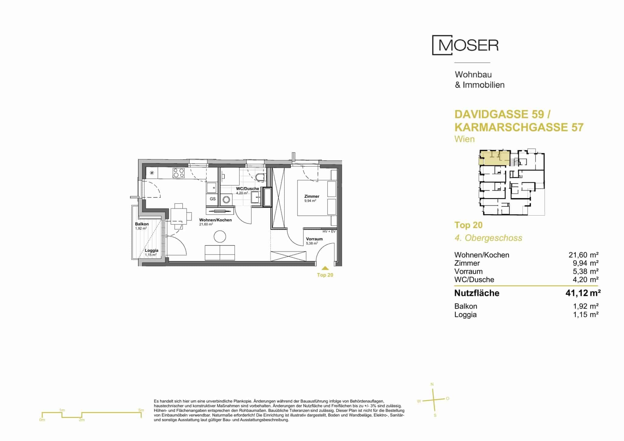 Grundriss Top 20 — Davidgasse 59 — 2 Zimmer — 41,1 m² — 4th floor