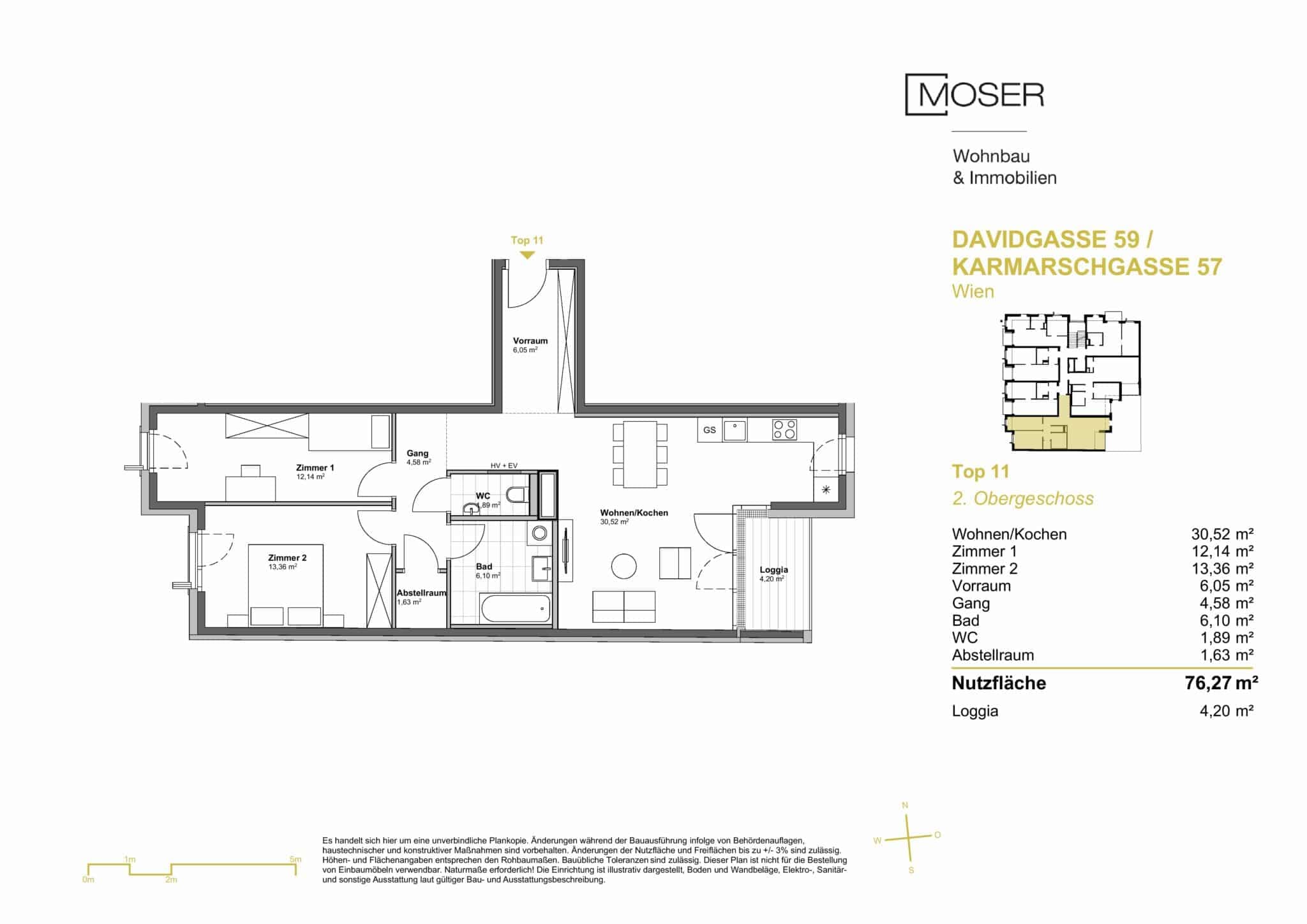 Grundriss Top 11 — Davidgasse 59 — 3 Zimmer — 76,3 m² — 2nd floor