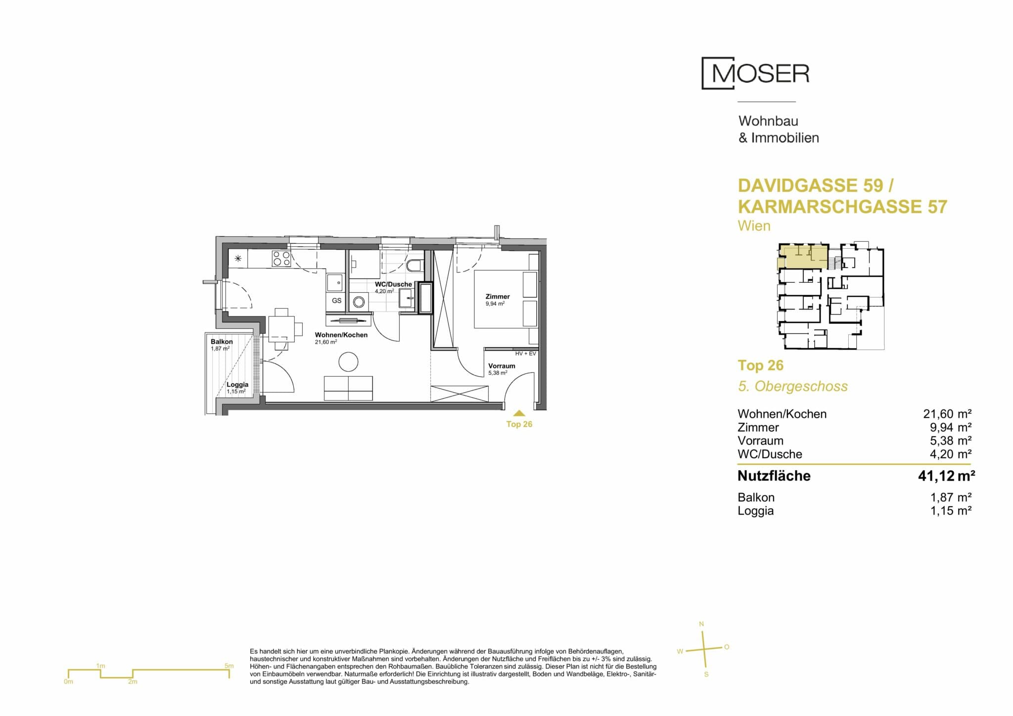 Grundriss Top 26 — Davidgasse 59 — 2 Zimmer — 41,1 m² — 5th floor