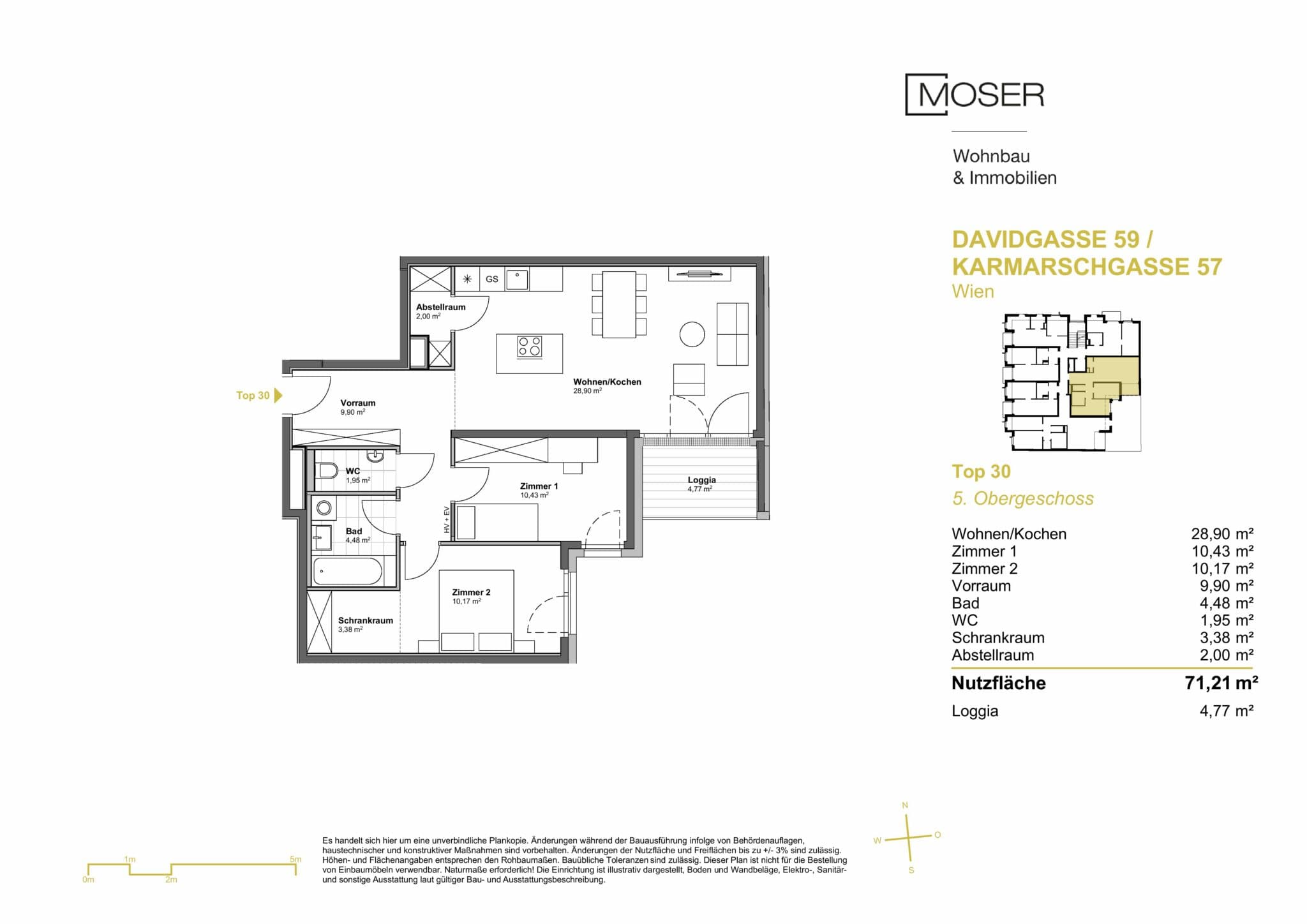 Grundriss Top 30 — Davidgasse 59 — 3 Zimmer — 71,2 m² — 5th floor
