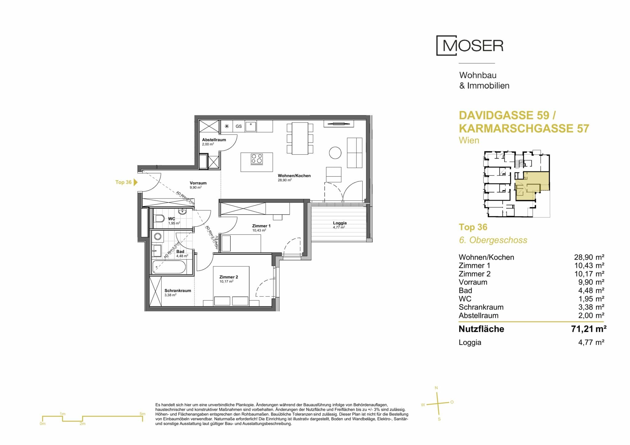 Grundriss Top 36 — Davidgasse 59 — 3 Zimmer — 71,2 m² — 6th floor