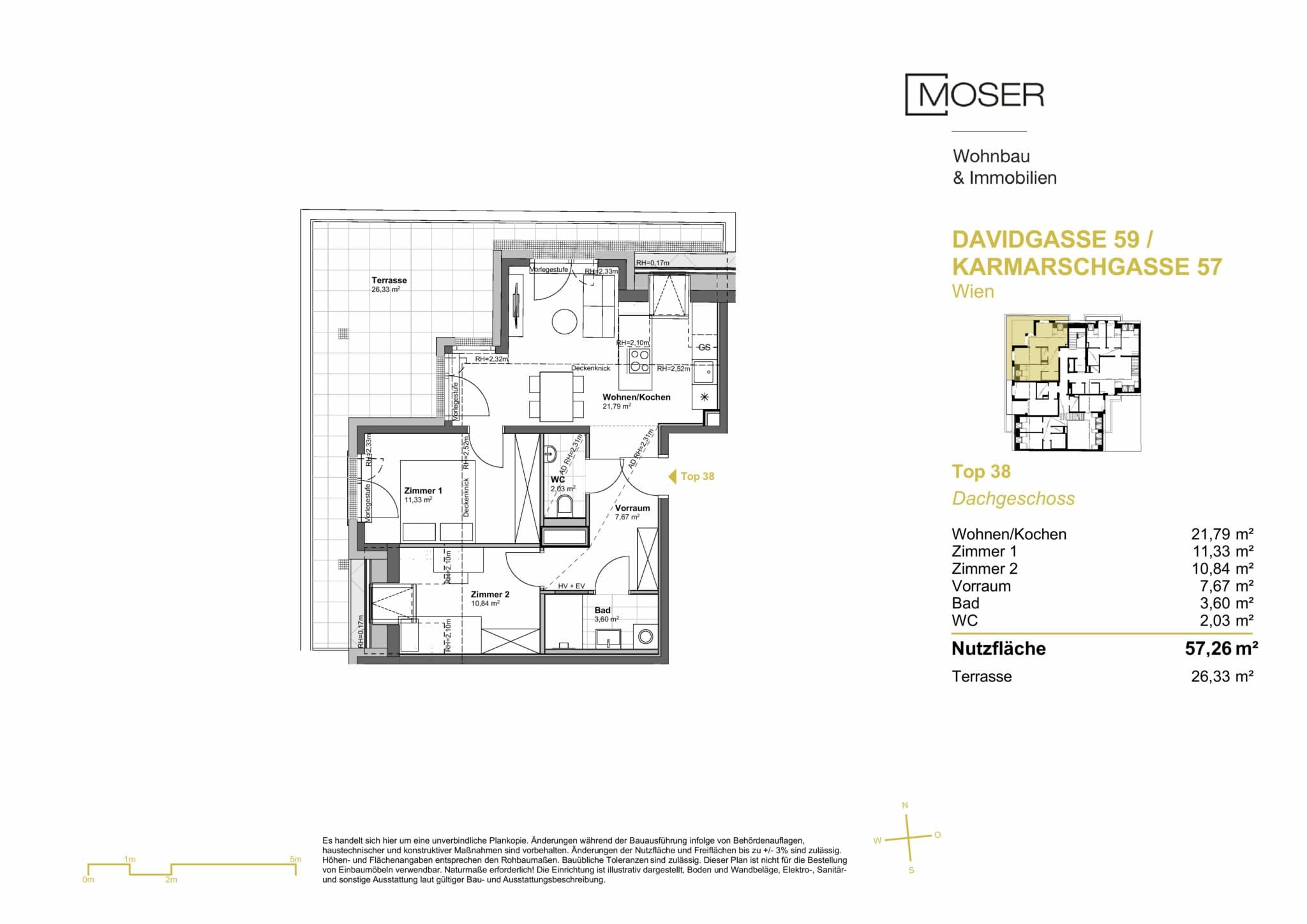 Grundriss Top 38 — Davidgasse 59 — 3 Zimmer — 57,3 m² — Attic floor