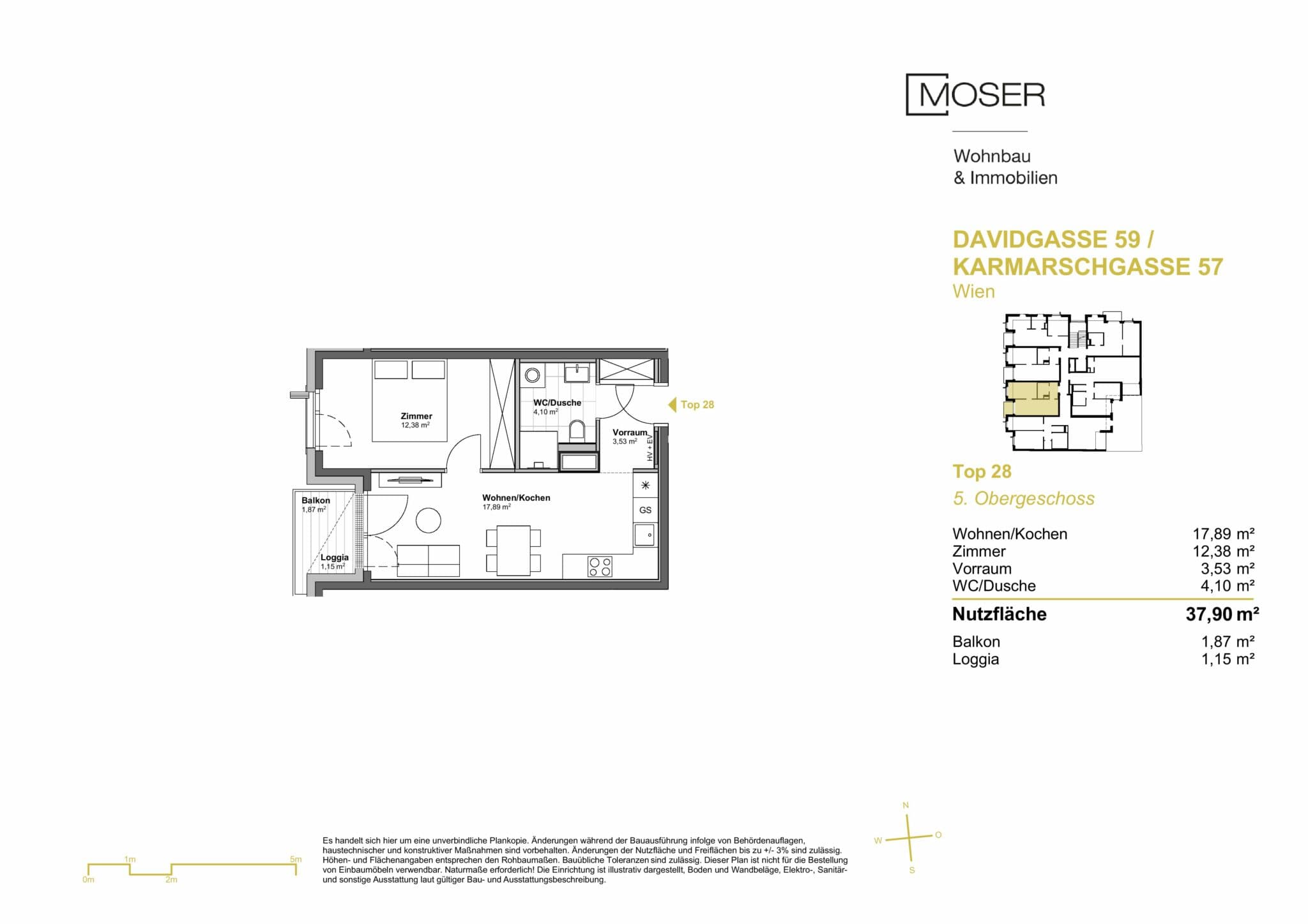 Grundriss Top 28 — Davidgasse 59 — 2 Zimmer — 37,9 m² — 5th floor