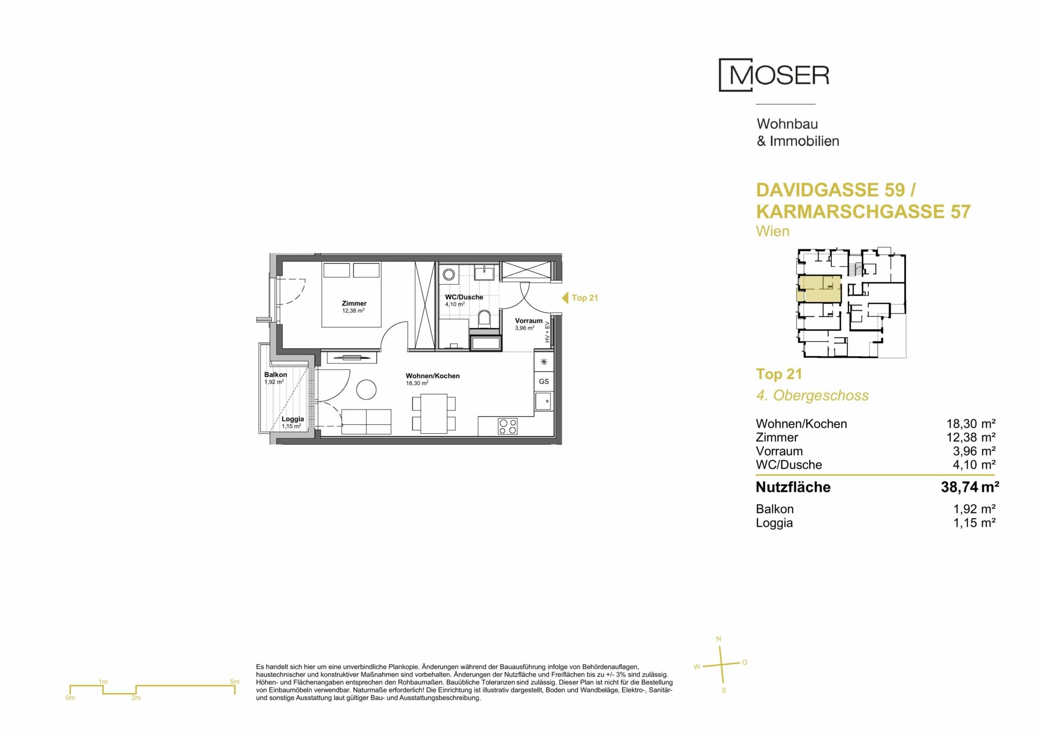 Grundriss Top 21 — Davidgasse 59 — 2 Zimmer — 38,7 m² — 4th floor