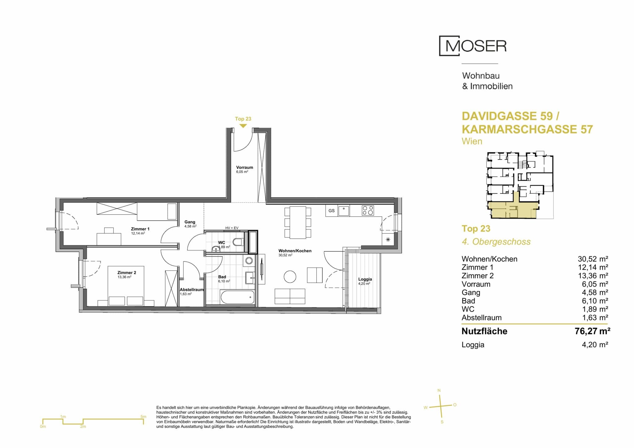 Grundriss Top 23 — Davidgasse 59 — 3 Zimmer — 76,3 m² — 4th floor
