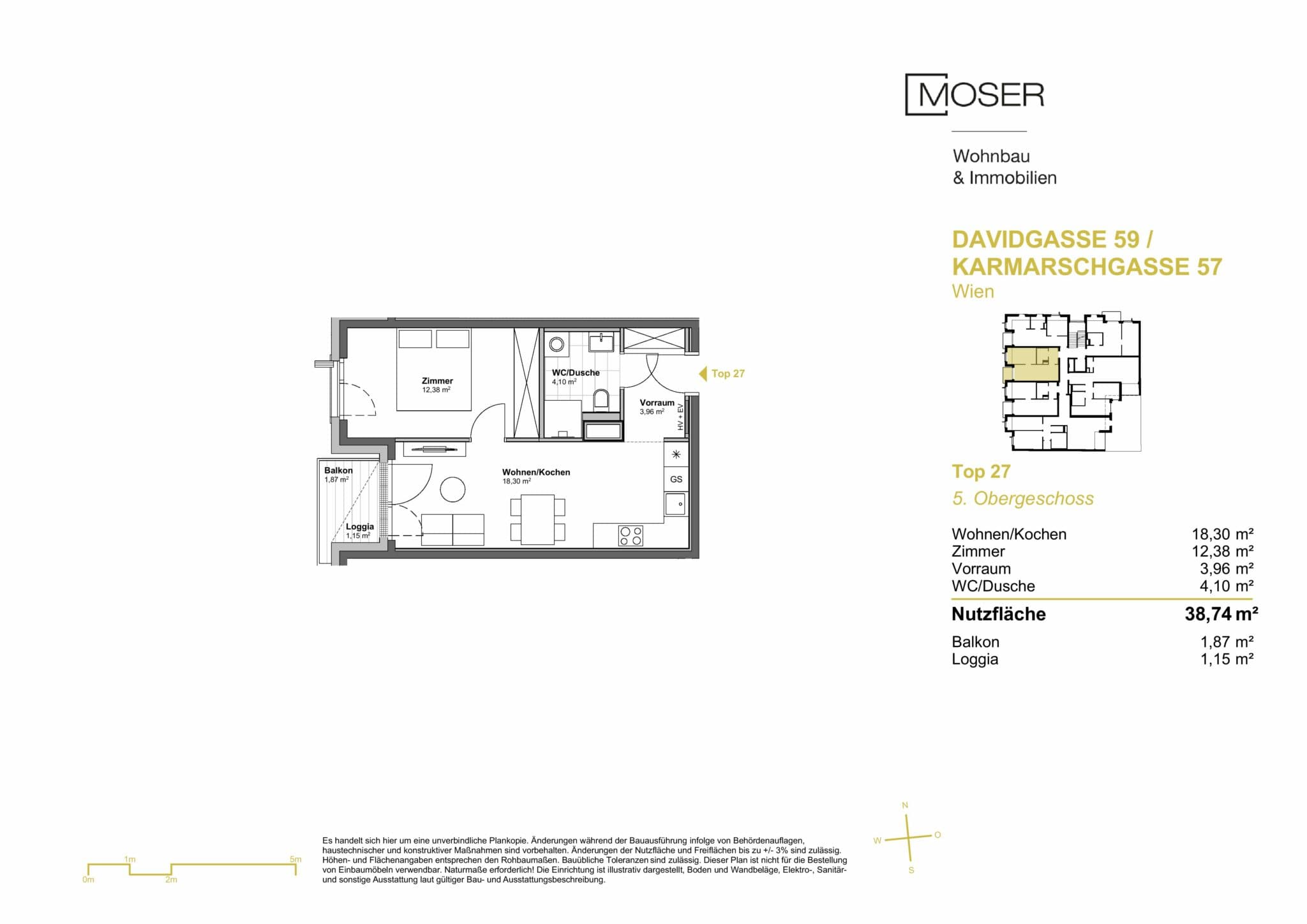 Grundriss Top 27 — Davidgasse 59 — 2 Zimmer — 38,7 m² — 5th floor