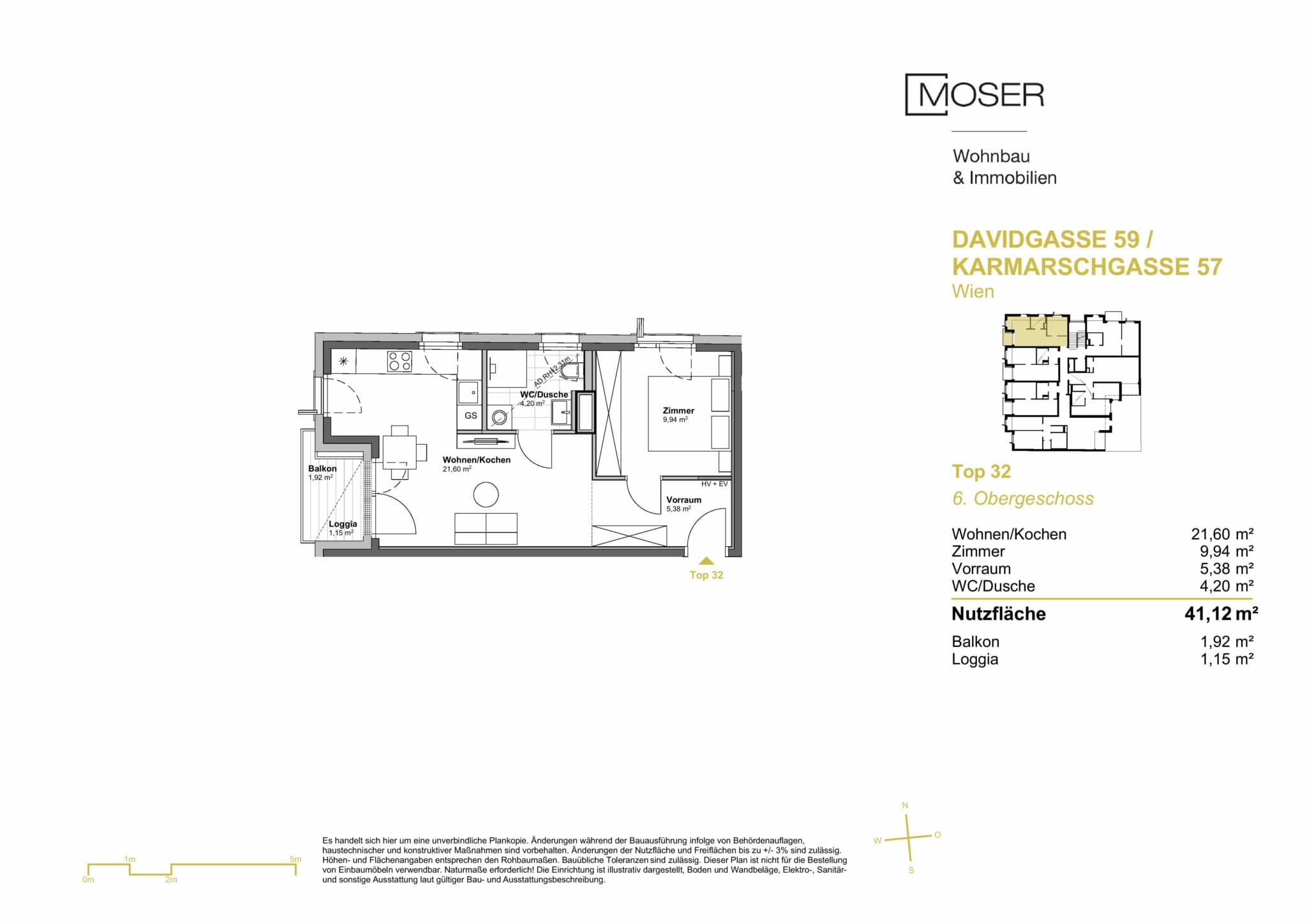 Grundriss Top 32 — Davidgasse 59 — 2 Zimmer — 41,1 m² — 6th floor