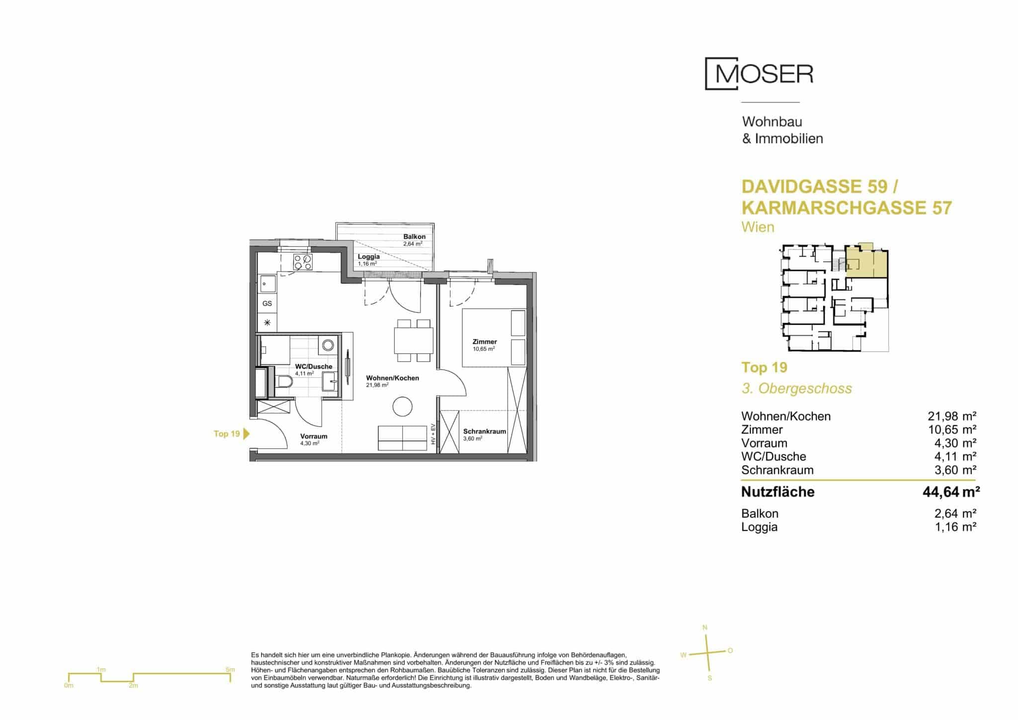 Grundriss Top 19 — Davidgasse 59 — 2 Zimmer — 44,6 m² — 3rd floor