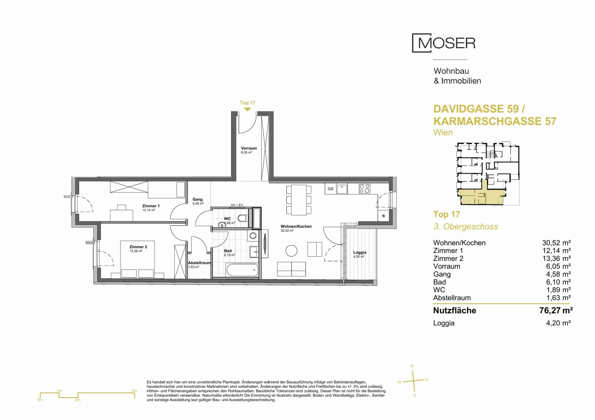 Grundriss Top 17 — Davidgasse 59 — 3 Zimmer — 76,3 m² — 3rd floor