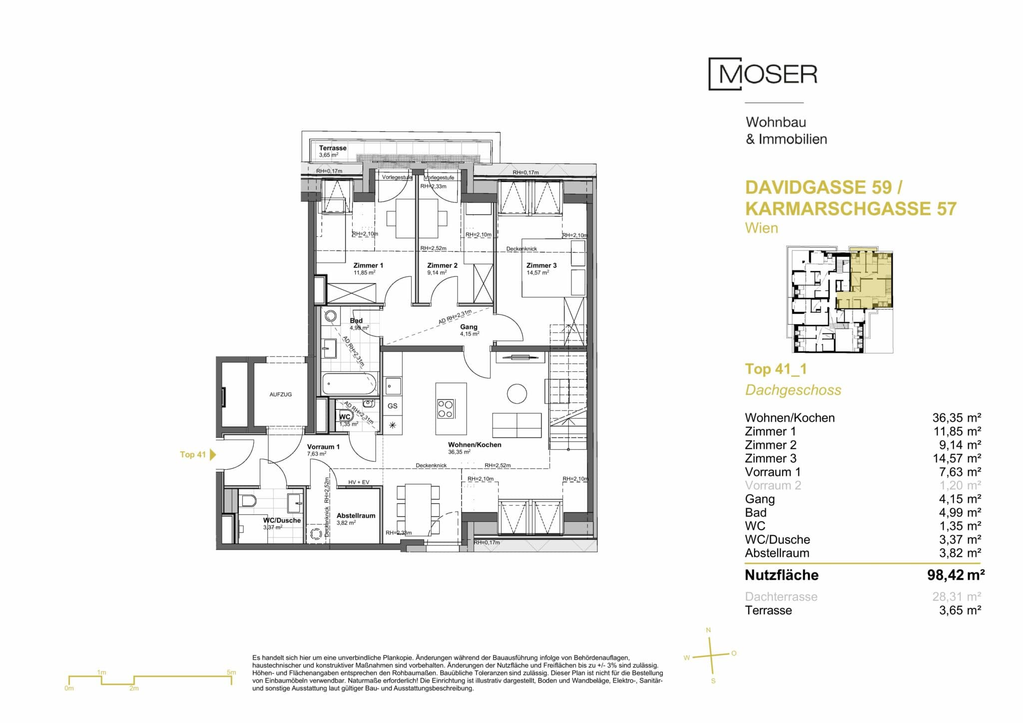 Grundriss Top 41 — Davidgasse 59 — 4 Zimmer — 98,4 m² — Attic floor — Grundriss 1/2