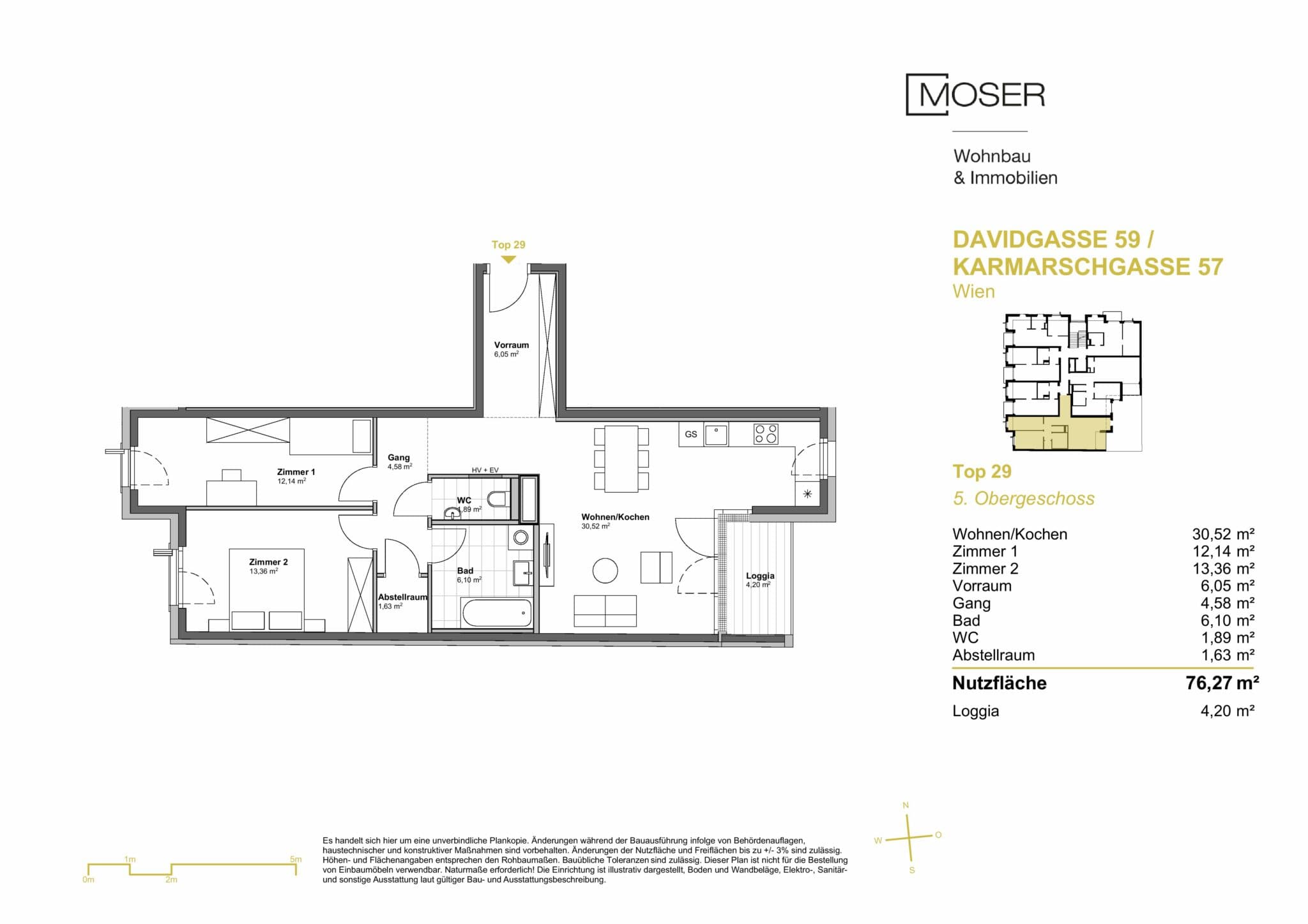 Grundriss Top 29 — Davidgasse 59 — 3 Zimmer — 76,3 m² — 5th floor