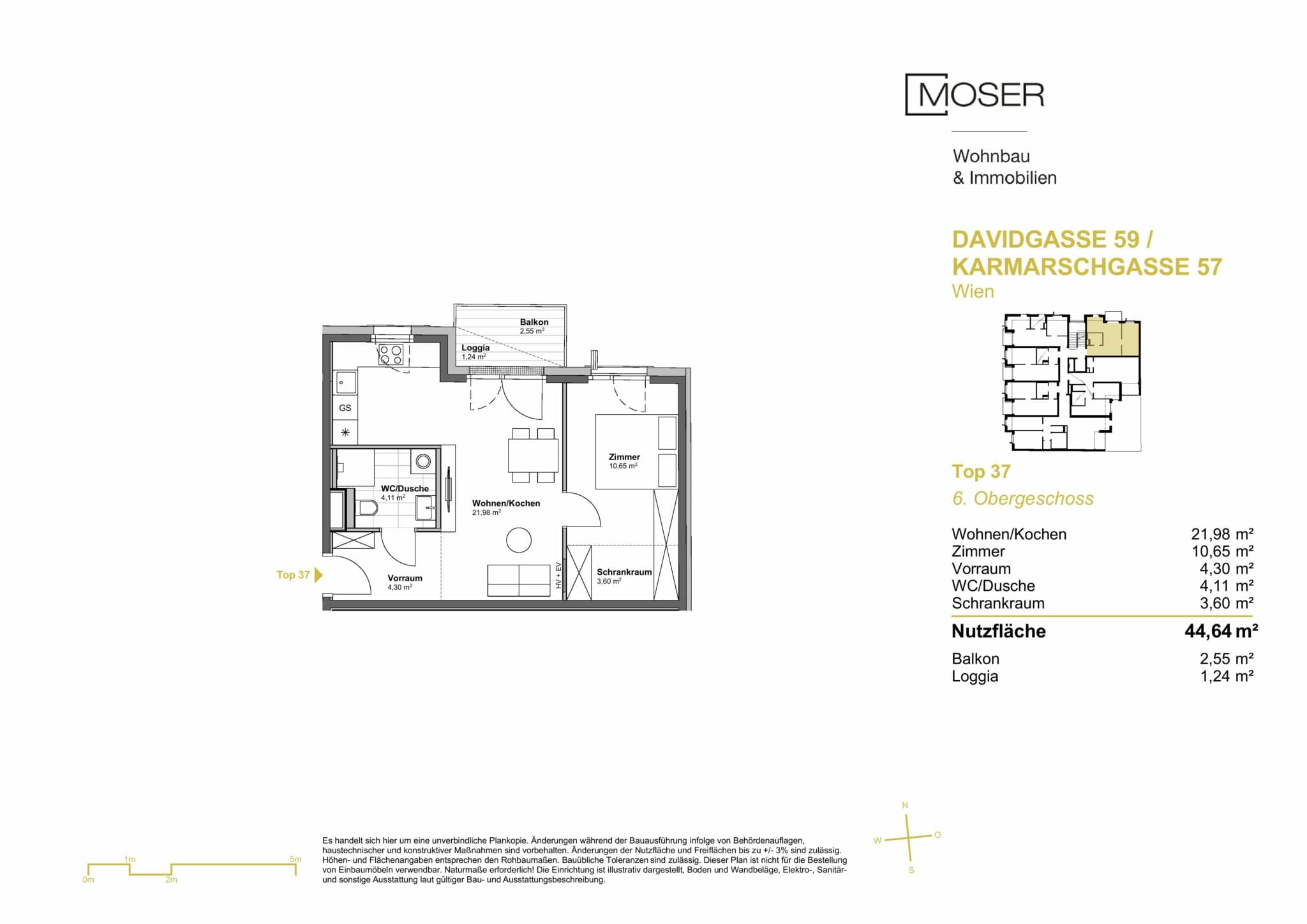 Grundriss Top 37 — Davidgasse 59 — 2 Zimmer — 44,6 m² — 6th floor