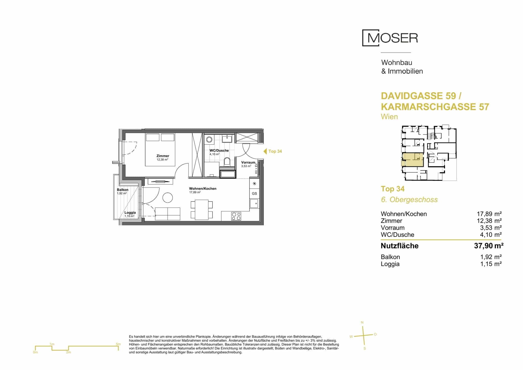 Grundriss Top 34 — Davidgasse 59 — 2 Zimmer — 37,9 m² — 6th floor