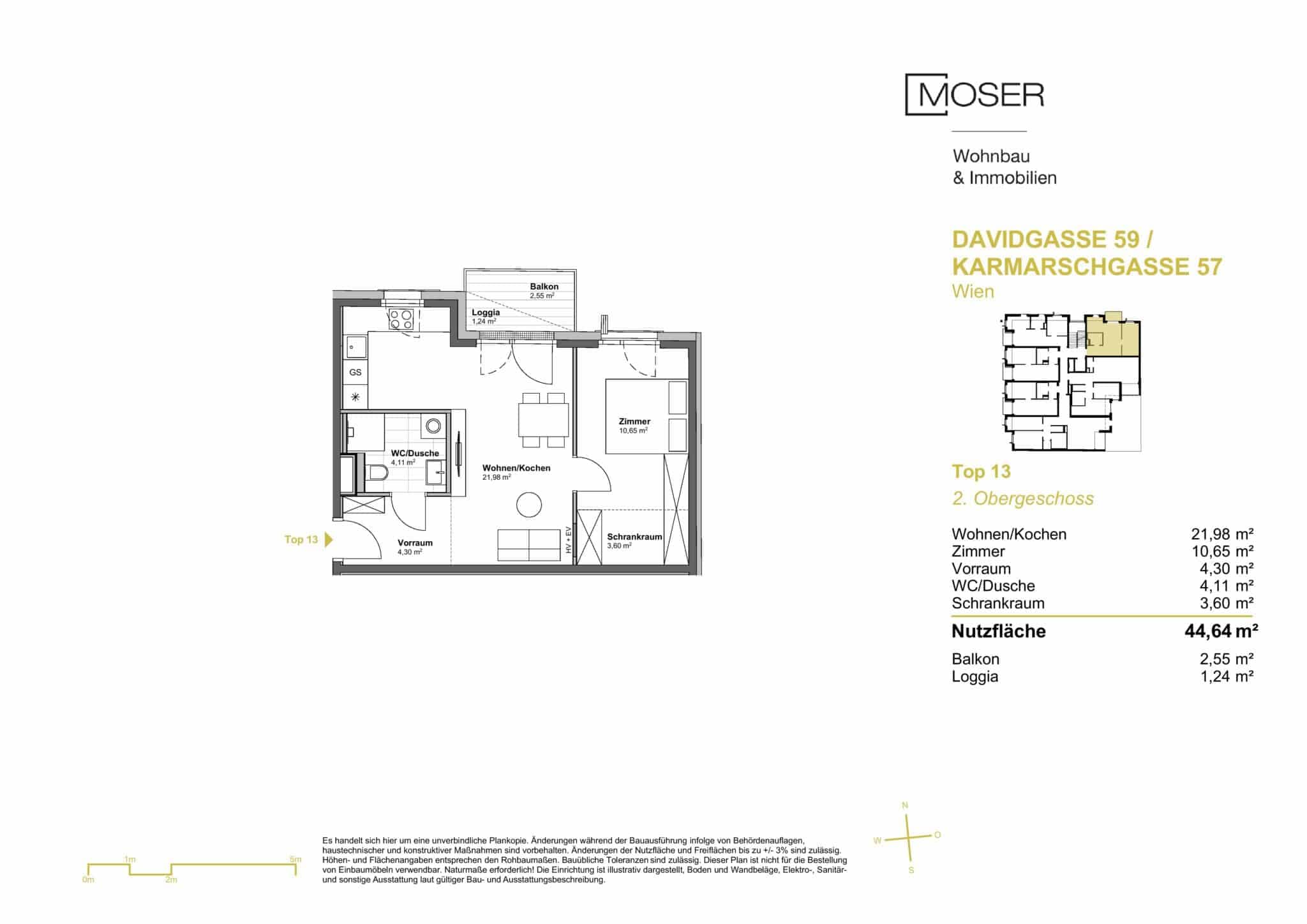 Grundriss Top 13 — Davidgasse 59 — 2 Zimmer — 44,6 m² — 2nd floor