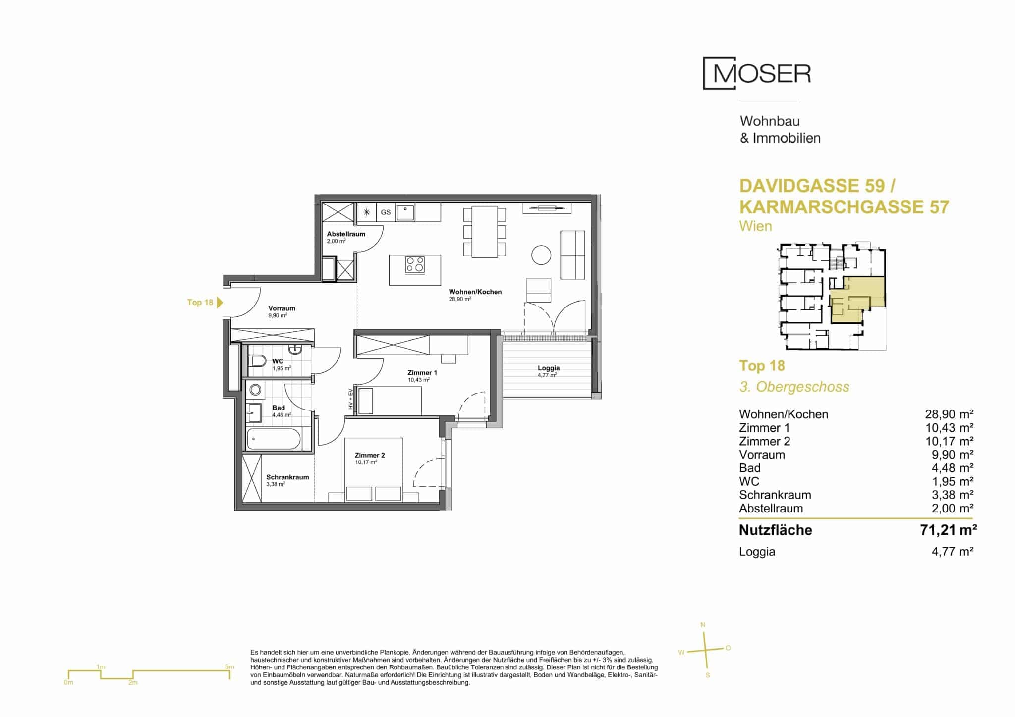 Grundriss Top 18 — Davidgasse 59 — 3 Zimmer — 71,2 m² — 3rd floor