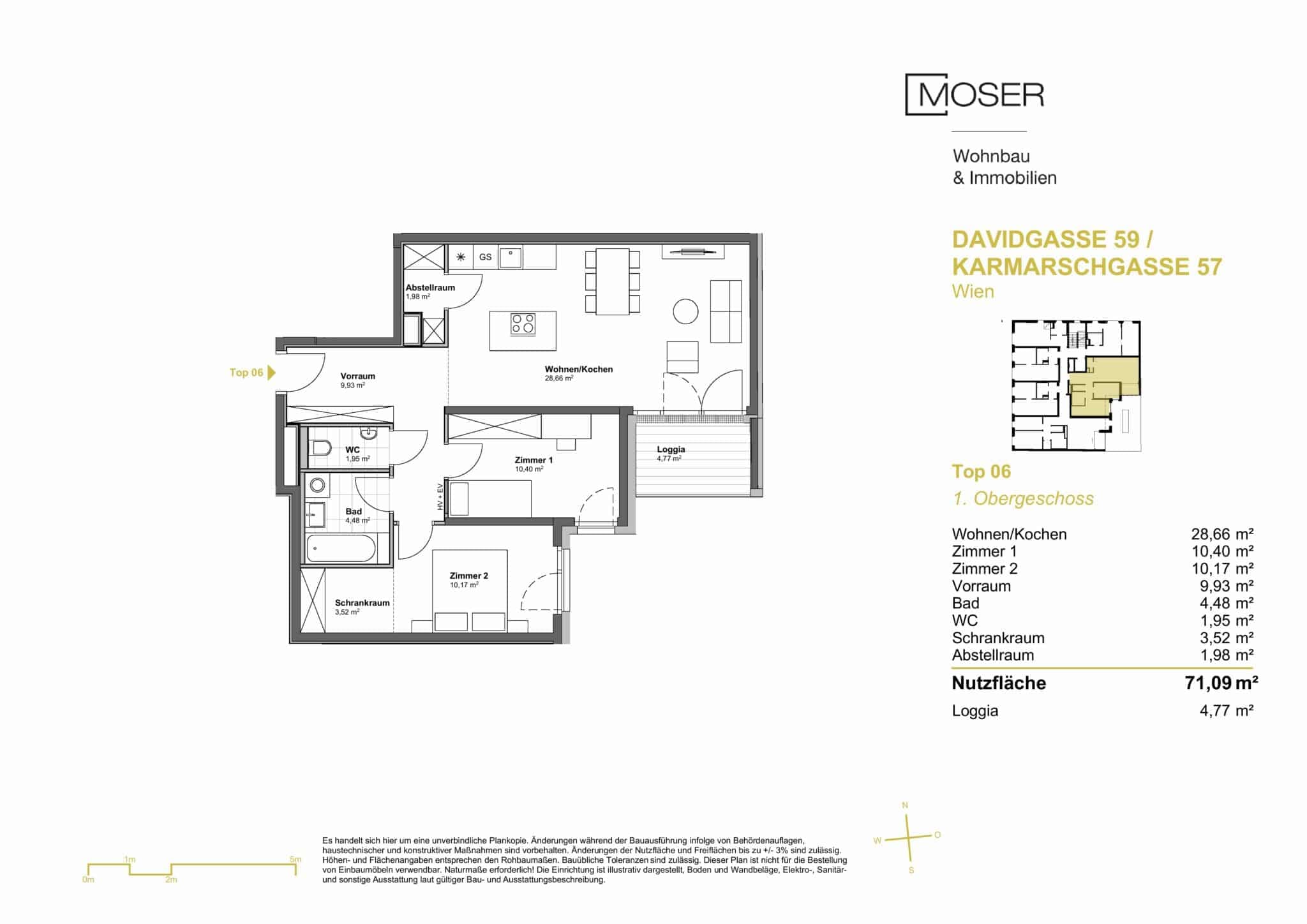 Grundriss Top 06 — Davidgasse 59 — 3 Zimmer — 71,1 m² — Upper floor
