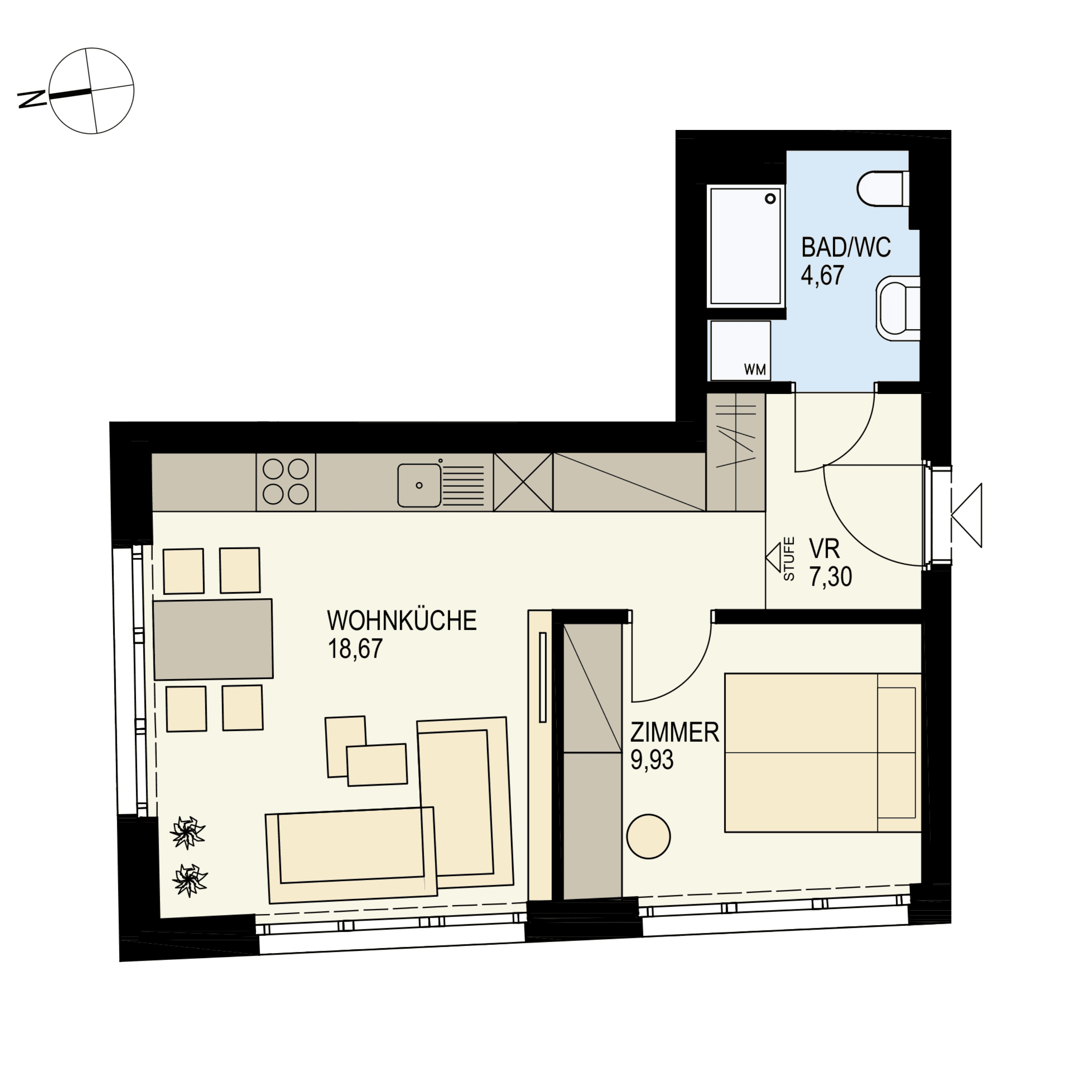 Grundriss Top 1 — Der Goldene Storch — 2 Zimmer — 40,6 m² — Ground floor — N/W