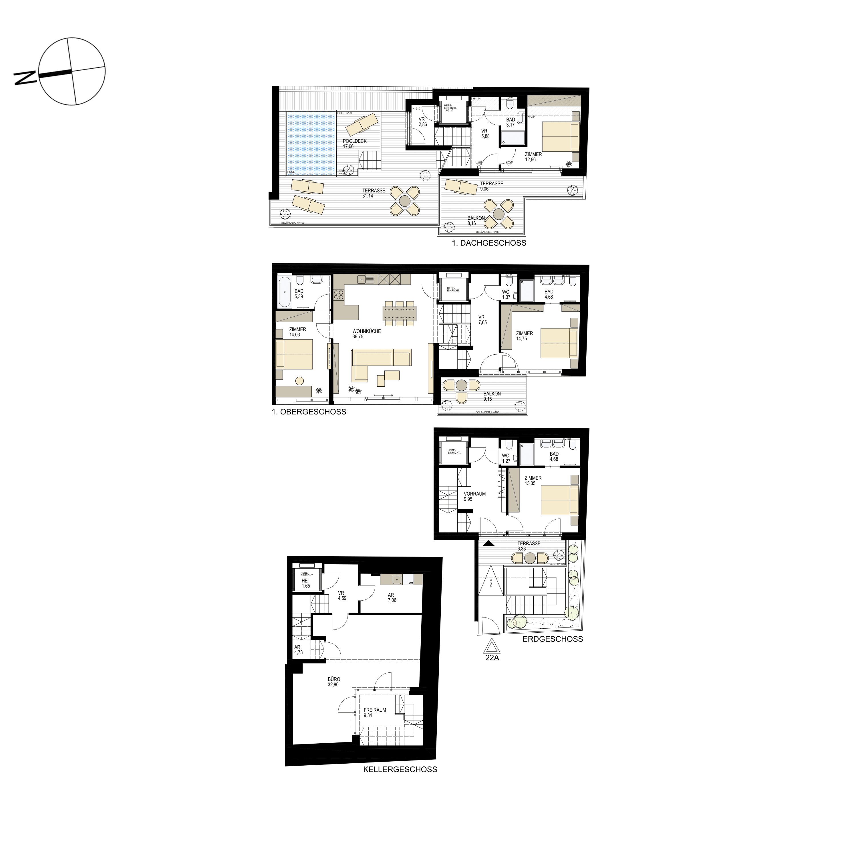 Grundriss Top Townhouse — Der Goldene Storch — 5 Zimmer — 189,6 m² — Ground floor / 1st floor / 1st attic floor / 2nd attic floor — S/W