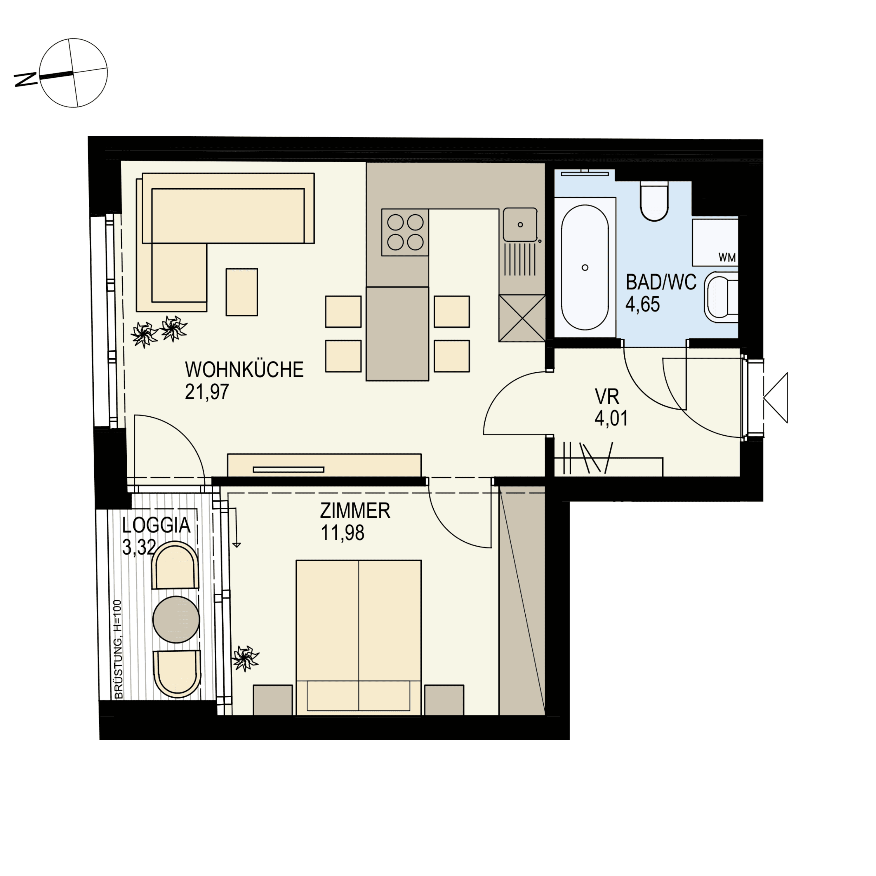 Grundriss Top 2 — Der Goldene Storch — 2 Zimmer — 46,9 m² — Ground floor — N