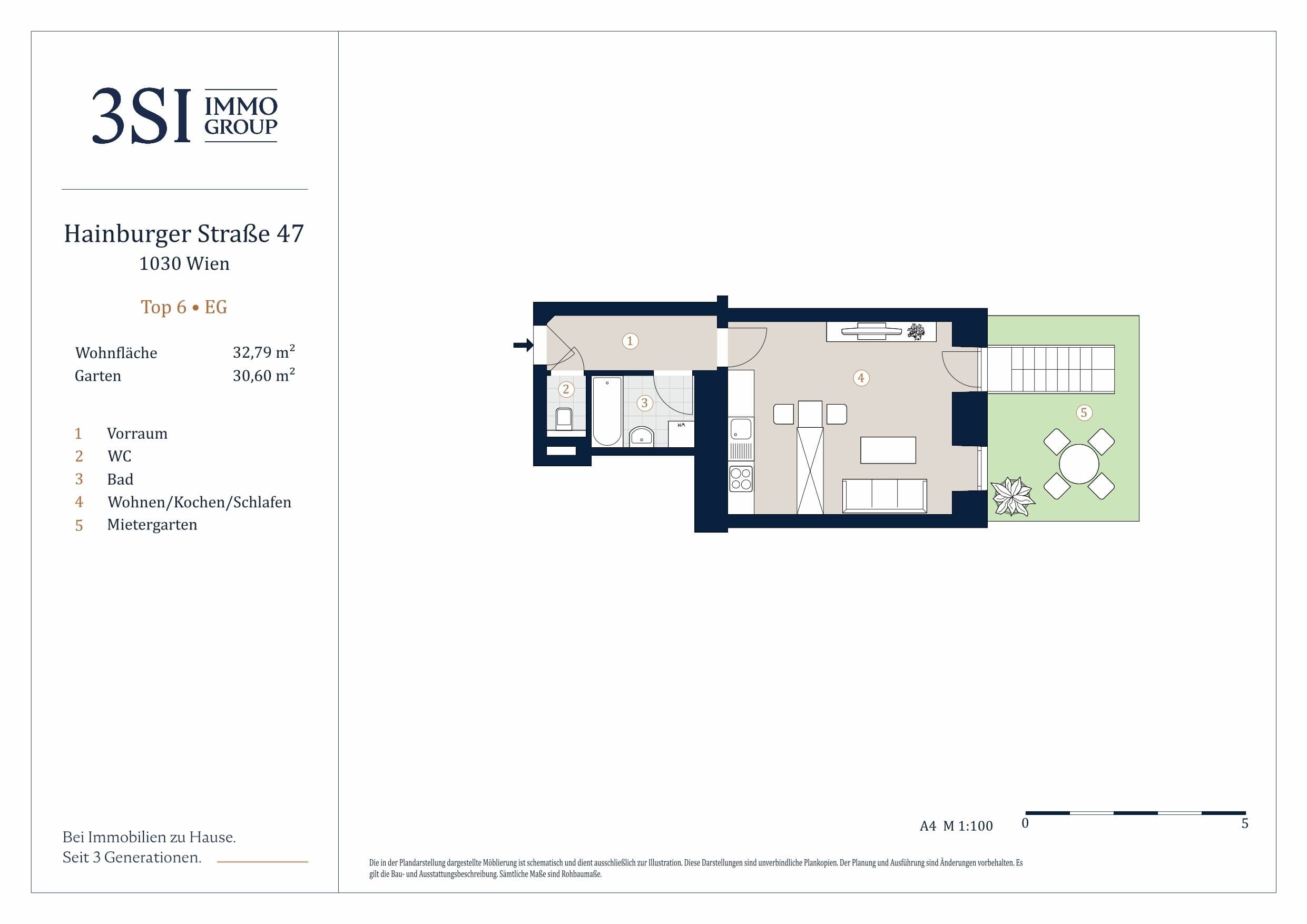 Grundriss Top 6 — Die Hainburg — 1 Zimmer — 32,8 m² — Mezzanine — Garten