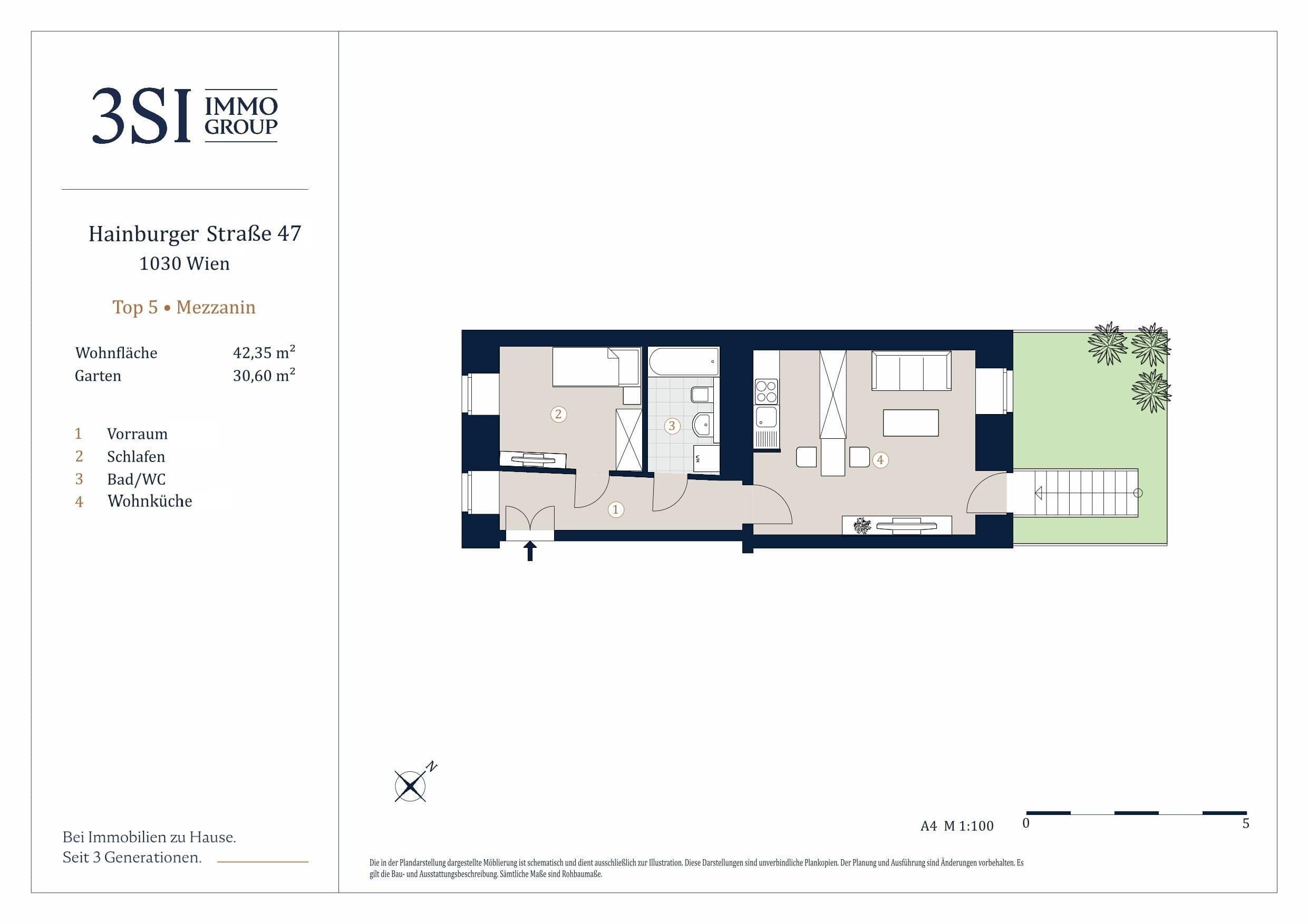 Grundriss Top 5 — Die Hainburg — 2 Zimmer — 42,4 m² — Mezzanine — Garten