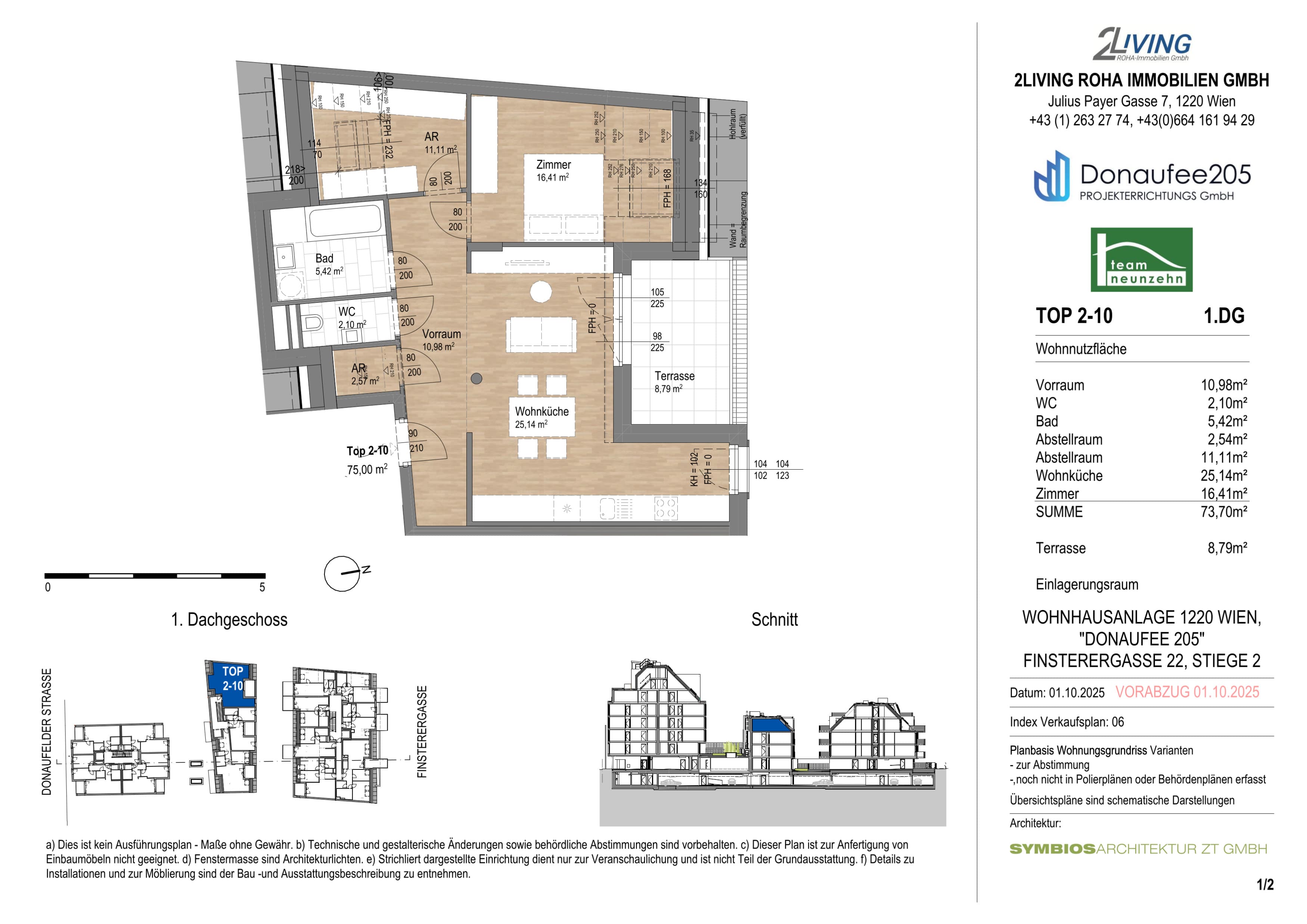 Grundriss Top 10 — Donaufee 205 — 2 Zimmer — 75 m² — 1st attic floor — Grundriss 1/2