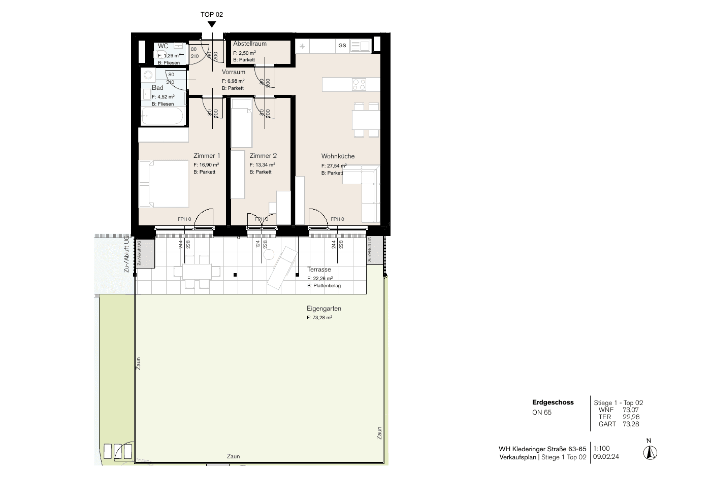 Grundriss Stg 65/1 Top 2 — Dorf Stadt Oase — 3 Zimmer — 73,1 m² — Ground floor — Garten
