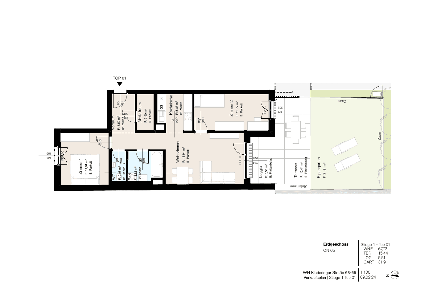 Grundriss Stg 65/1 Top 1 — Dorf Stadt Oase — 3 Zimmer — 67,7 m² — Ground floor — Garten