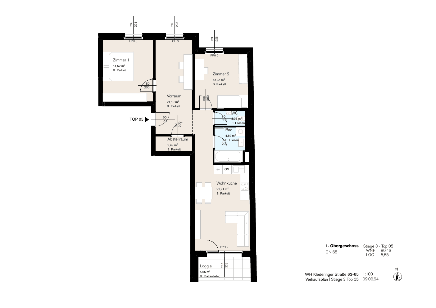 Grundriss Stg 65/3 Top 5 — Dorf Stadt Oase — 3.5 Zimmer — 80,4 m² — 1st floor — Balkon