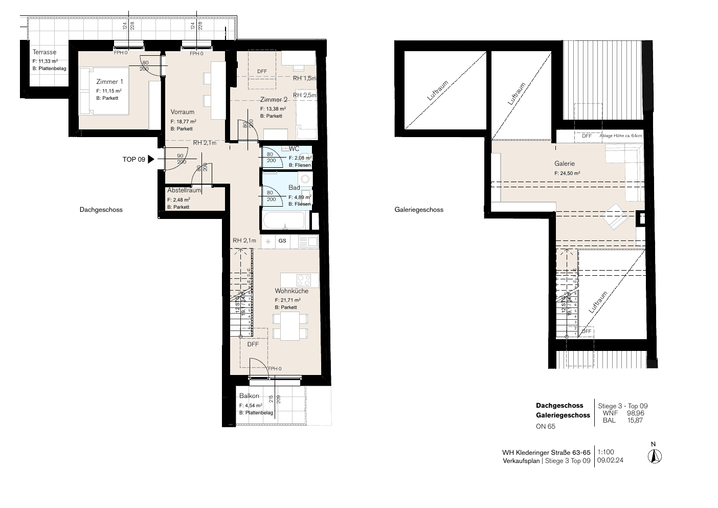Grundriss Stg 65/3 Top 9 — Dorf Stadt Oase — 3 Zimmer — 99 m² — 1st attic floor — Balkon