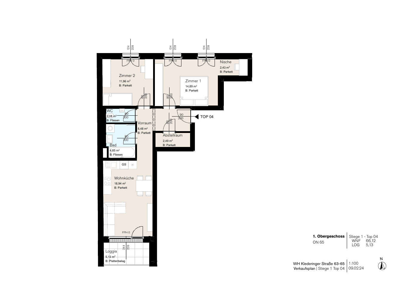 Grundriss Stg 65/1 Top 4 — Dorf Stadt Oase — 3 Zimmer — 66,1 m² — 1st floor — Balkon