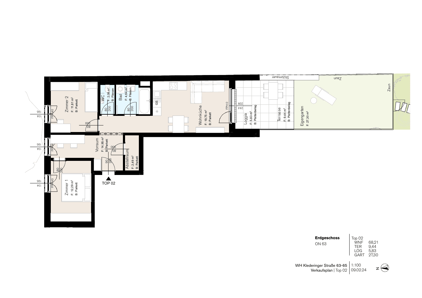 Grundriss Stg 63 Top 2 — Dorf Stadt Oase — 3 Zimmer — 68,2 m² — Ground floor — Garten