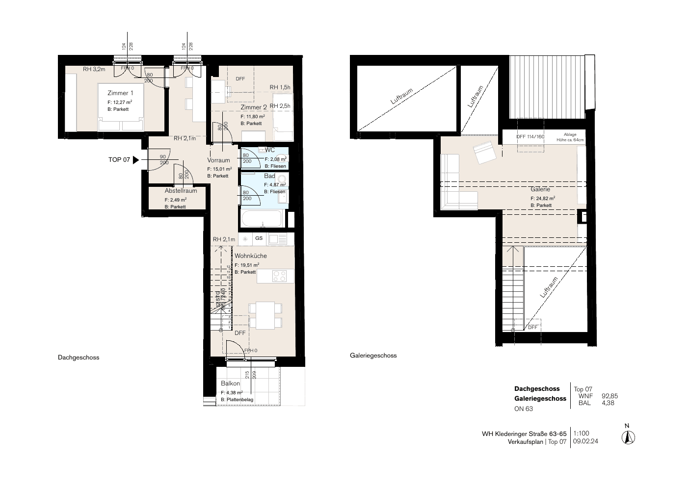Grundriss Stg 63 Top 7 — Dorf Stadt Oase — 3 Zimmer — 92,9 m² — 1st attic floor — Balkon