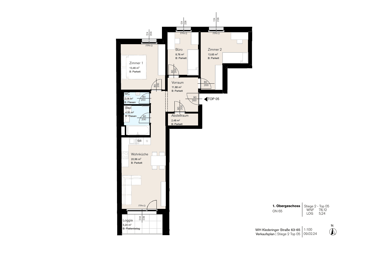 Grundriss Stg 65/2 Top 5 — Dorf Stadt Oase — 4 Zimmer — 78,1 m² — 1st floor — Balkon