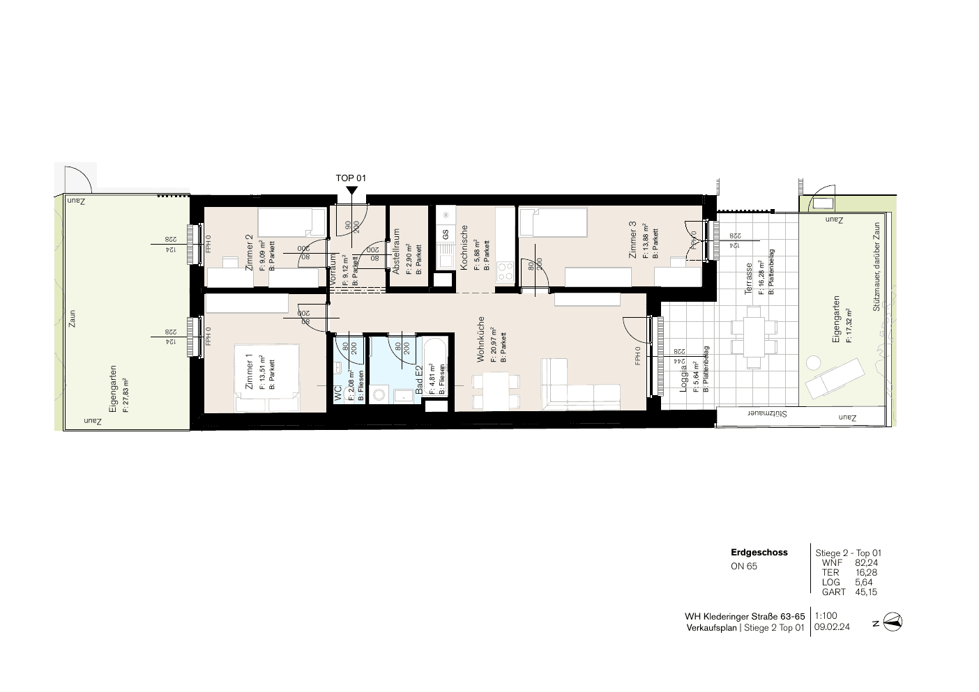 Grundriss Stg 65/2 Top 1 — Dorf Stadt Oase — 4 Zimmer — 82,2 m² — Ground floor — Garten