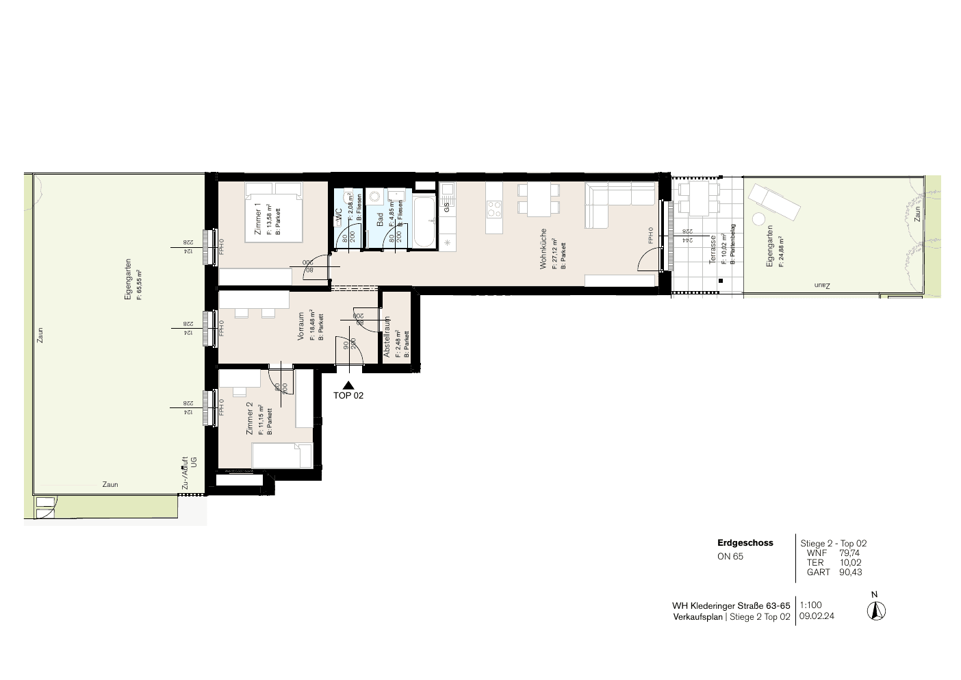Grundriss Stg 65/2 Top 2 — Dorf Stadt Oase — 3 Zimmer — 79,7 m² — Ground floor — Garten