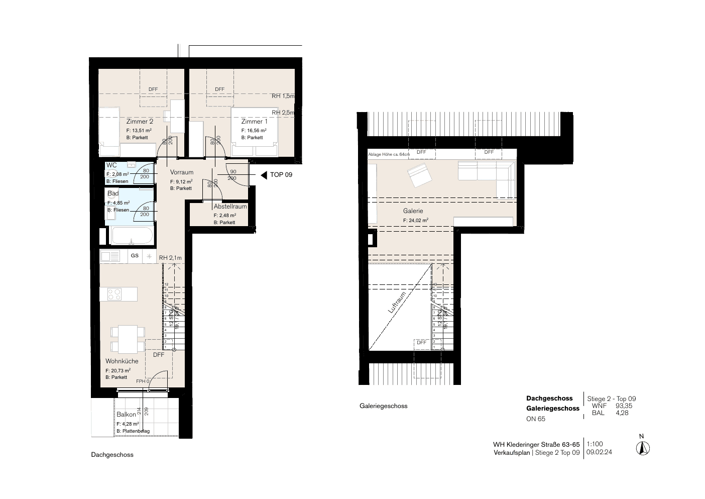 Grundriss Stg 65/2 Top 9 — Dorf Stadt Oase — 3 Zimmer — 93,4 m² — 1st attic floor — Balkon