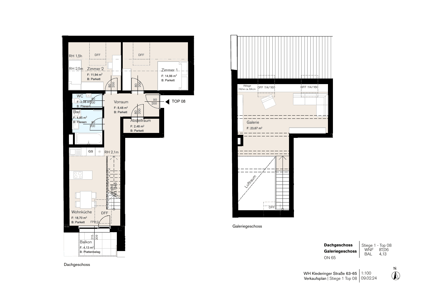 Grundriss Stg 65/1 Top 8 — Dorf Stadt Oase — 3 Zimmer — 87,1 m² — 1st attic floor — Balkon